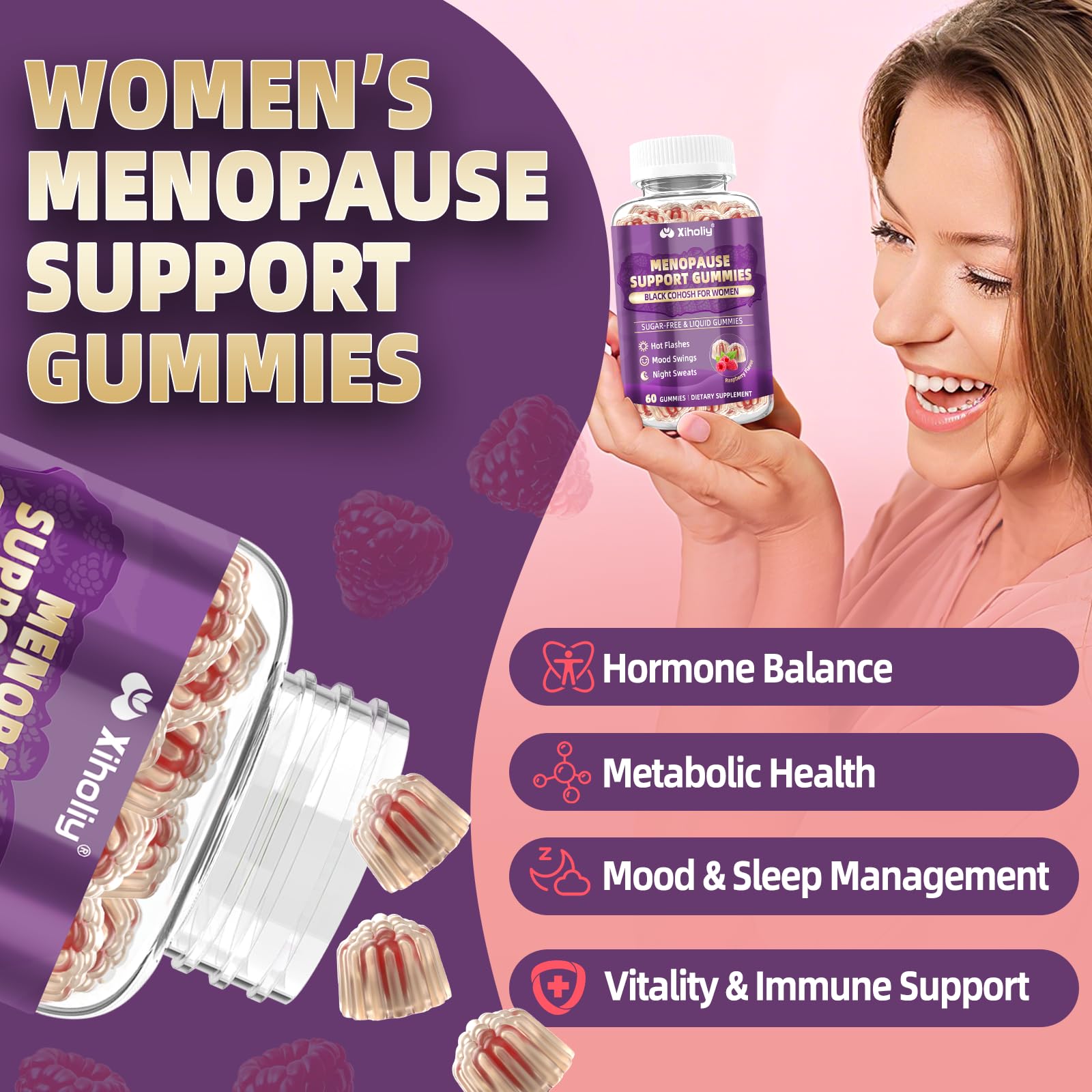 Menopause Supplements for Women with Black Cohosh, Menopause Relief Sugar Free Gummies for Hot Flashes, Natural Female Hormone Balance & Ashwagandha, Magnesium for Night Sweats, Mood Swings, 60 Count XIHOLIY uk supplements