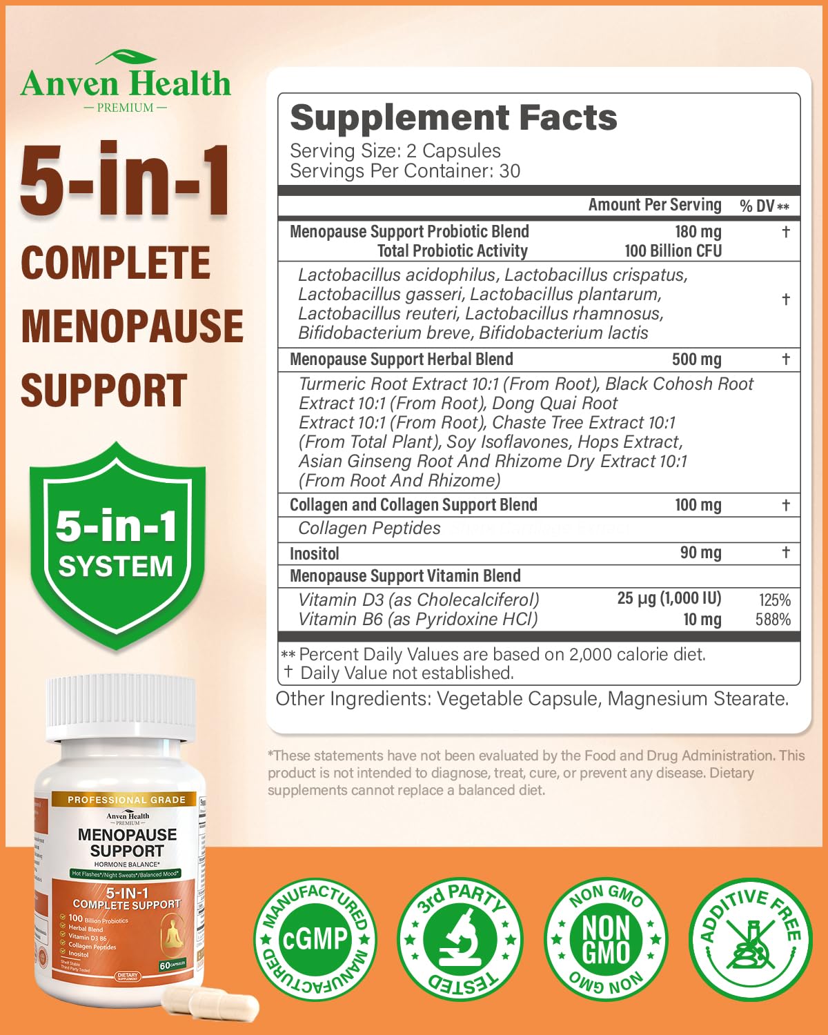 Anven Health Menopause Supplements for Women, Vitamin D3 & B6, Menopause Relief Probiotics Supports Hot Flashes, Night Sweats, Bloating & Gut Health with Black Cohosh, Herbs, Collagen | 60 Veggie Caps Anven Health uk supplements