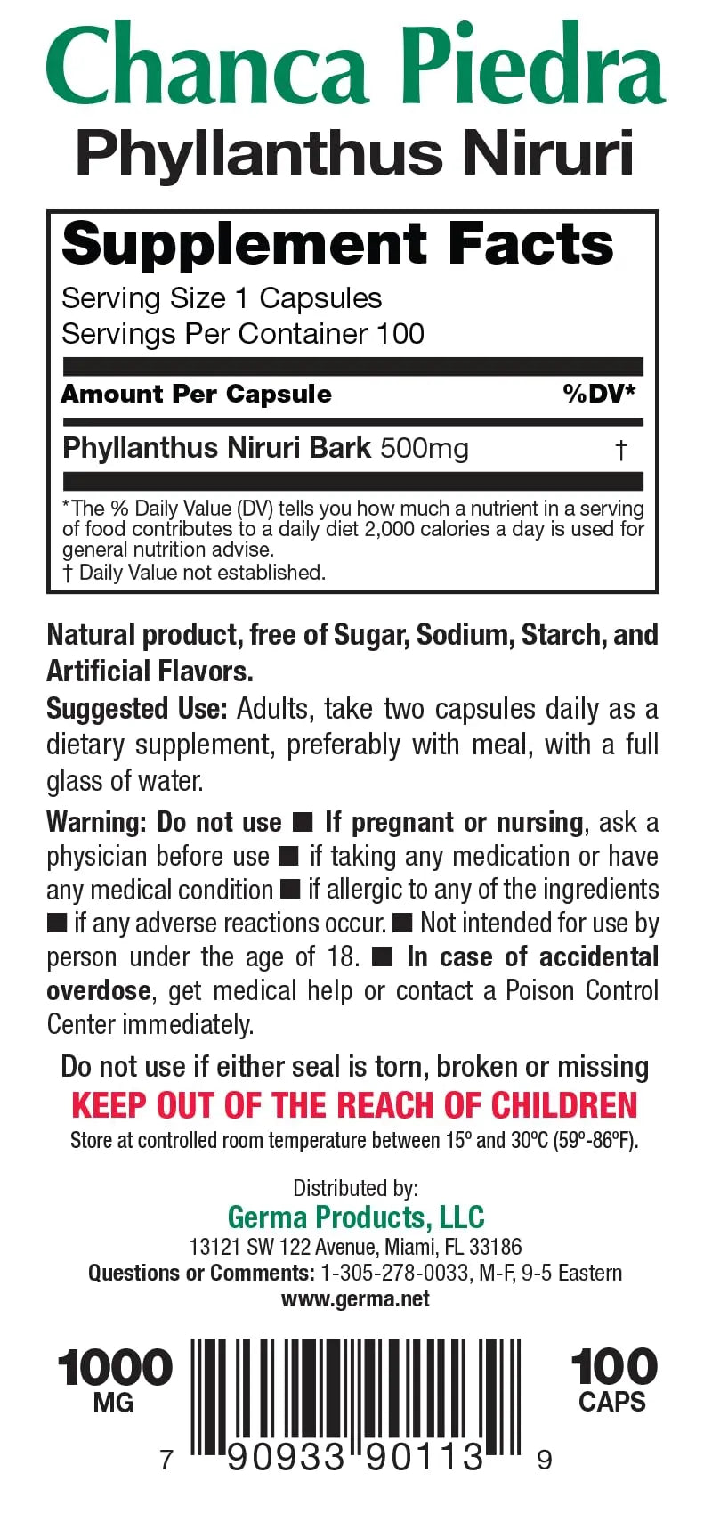 Germa Chanca Piedra Supplement – 500mg Phyllanthus Niruri – Traditional Stone Breaker Herb for Urinary & Kidney Support – Rainforest Botanical – 100% Natural Vegan Capsules, 100 Count Germa uk supplements