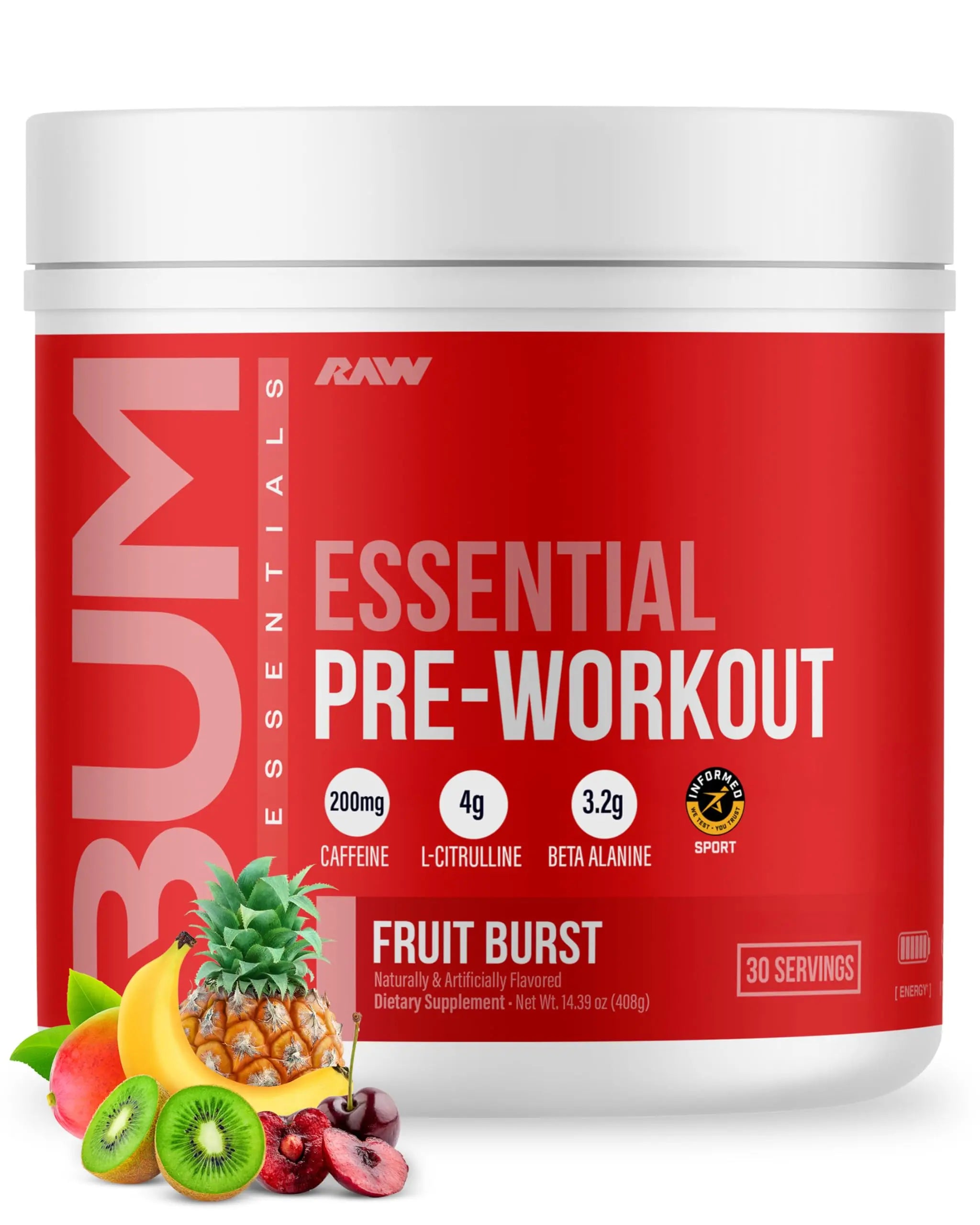 RAW Essential Pre-Workout Powder (Fruit Burst) - Chris Bumstead Sports Nutrition Supplement for Men & Women - Preworkout Energy Powder with Caffeine RAW uk supplements