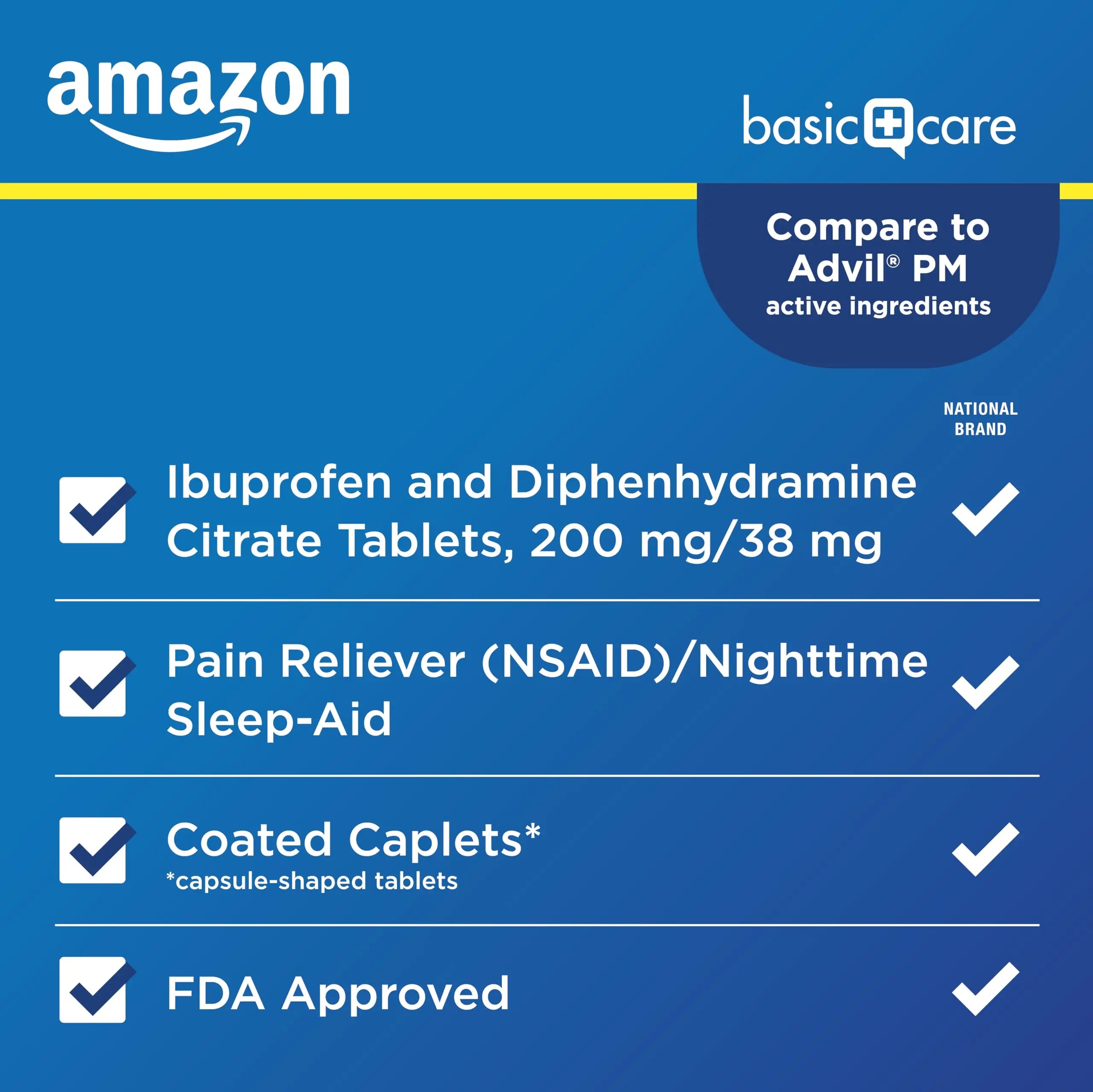 Amazon Basic Care Ibuprofen PM, Ibuprofen 200 mg and Diphenhydramine Citrate 38 mg, Pain Reliever and Nighttime Sleep-Aid, Capsule-Shaped Tablets, 120 Count Amazon Basic Care uk supplements