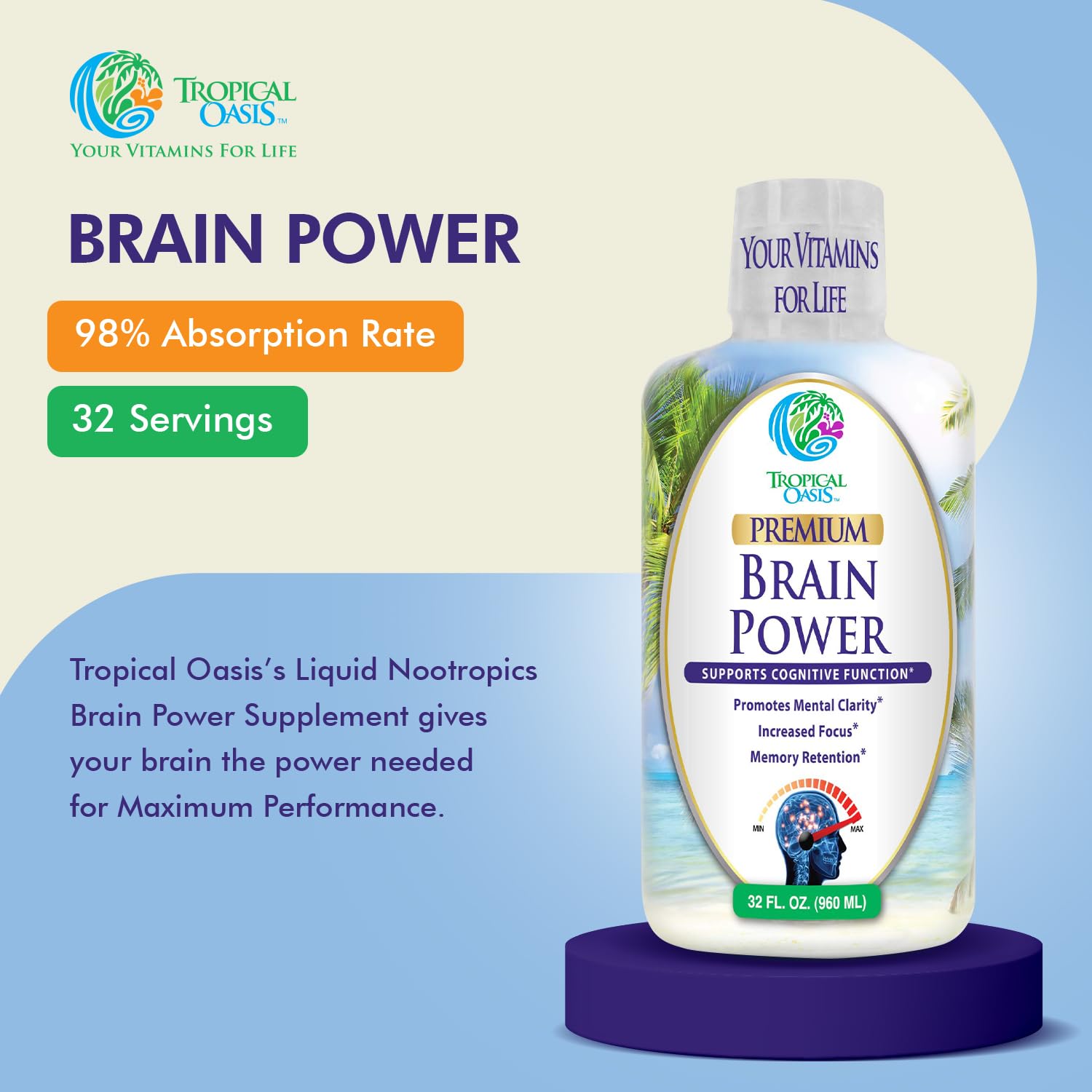 Tropical Oasis - Brain Power | Liquid Nootropic Supplement - Promotes Mental Clarity, Focus, and Memory Retention (Unflavored, 32 Servings) Tropical Oasis uk supplements