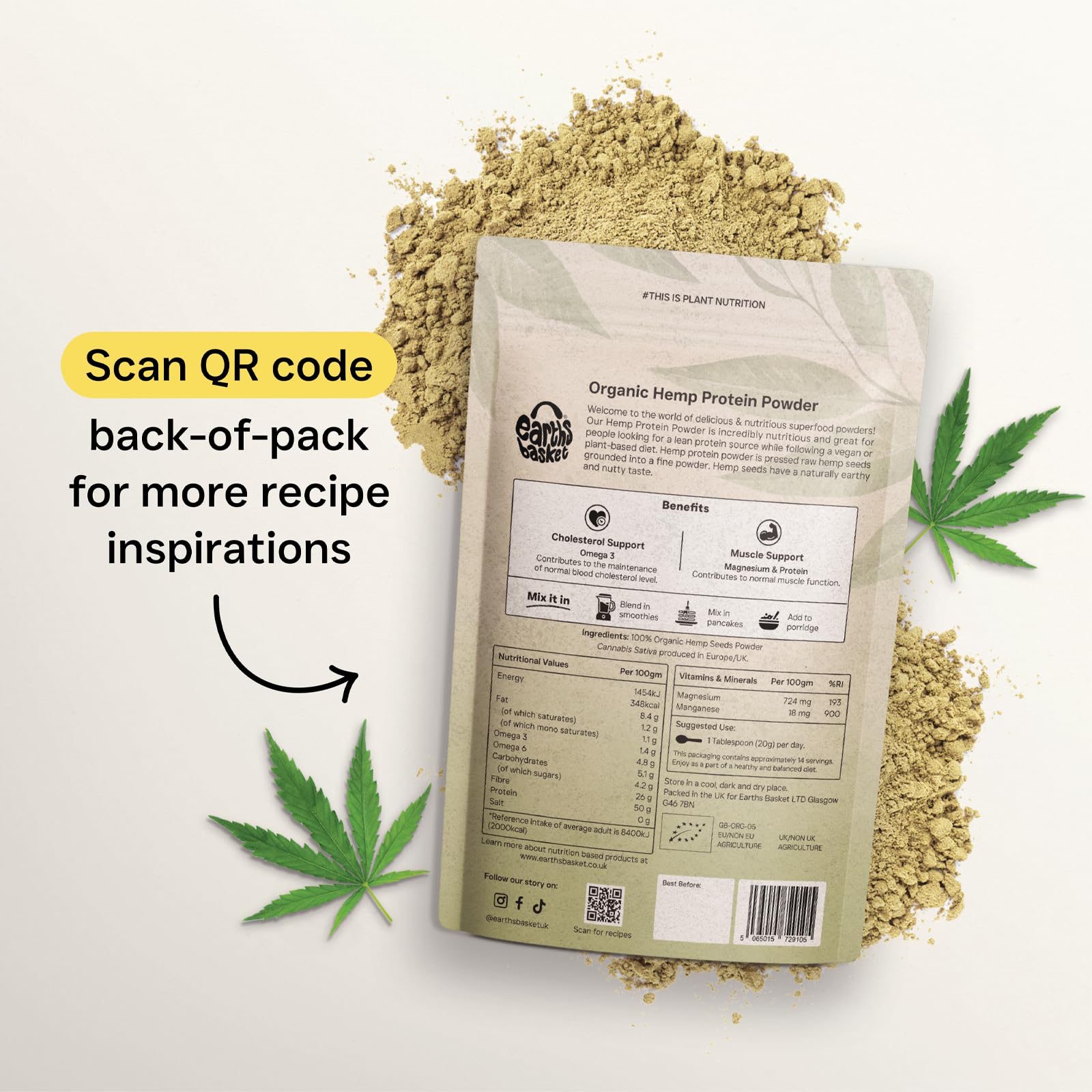 Earths Basket Organic Hemp Protein Powder,280g Natural, Unflavoured, Vegan, Gluten Free EARTHS BASKET uk supplements