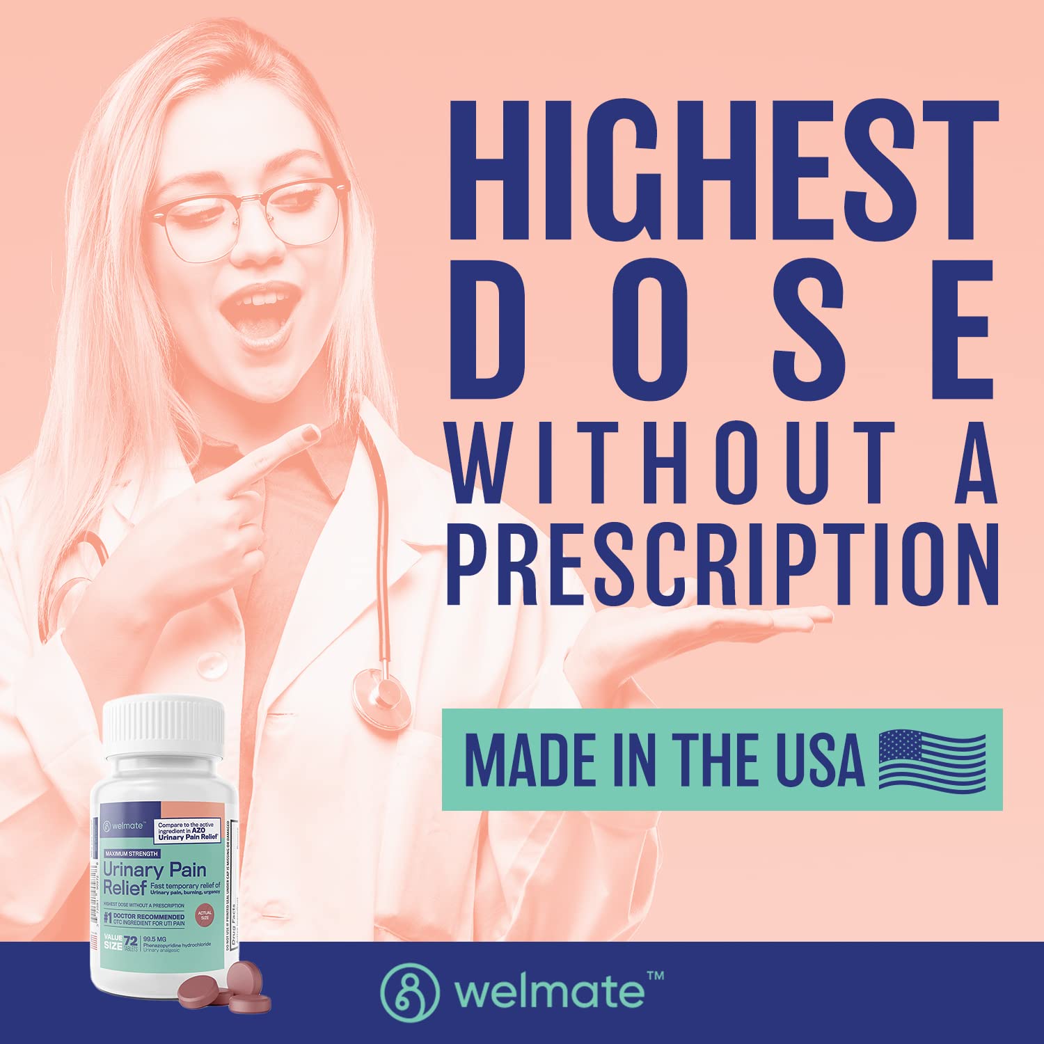 WELMATE Urinary Pain UTI Relief Maximum Strength (Phenazopyridine HCL) - Improve Urinary Tract Health & Bladder Control, Urgency, & Discomfort | Over-The-Counter Medication for Men & Women (72 Pills) WELMATE uk supplements