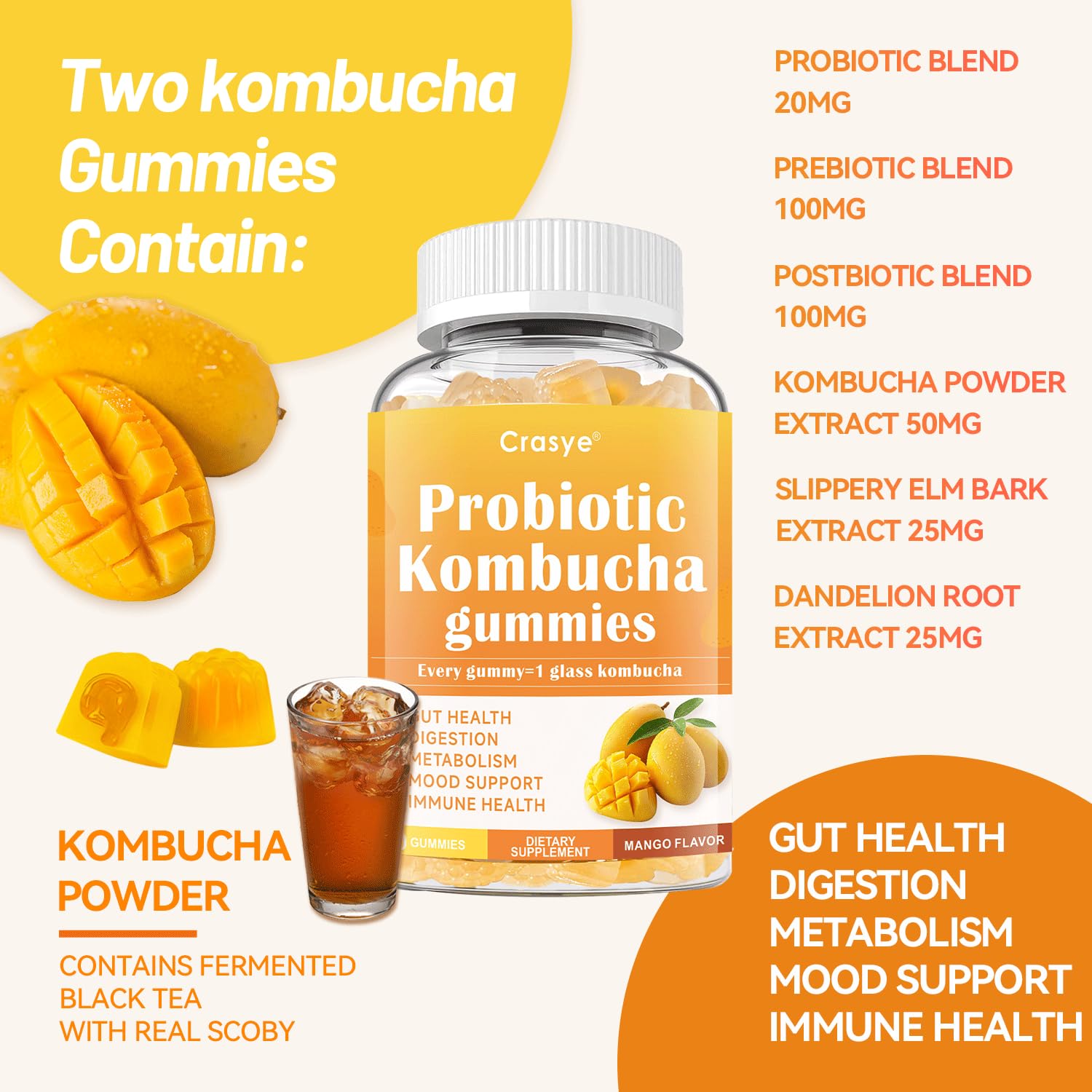 Crasye Probiotic Kombucha Gummies Sugar Free Prebiotic Postbiotic Probiotics Gummies with Slippery Elm for Women and Men Bloating Gut Health Immune and Digestive Support - 60 Gummies - 30 Servings Crasye uk supplements