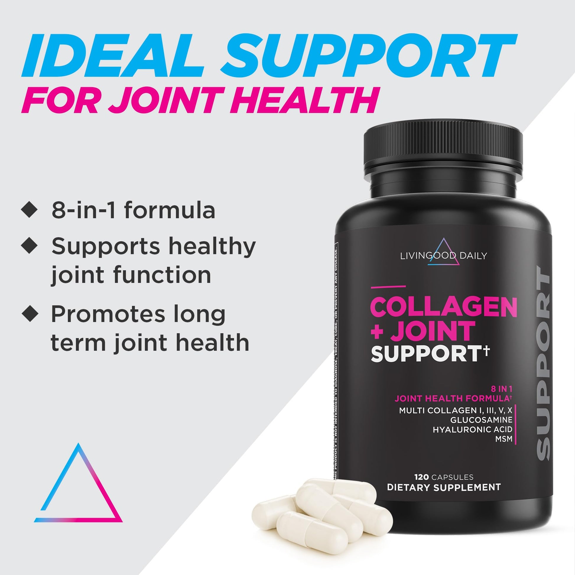 Livingood Daily Collagen + Joint Support, Grass Fed Multi Collagen Peptides I III V X with Hyaluronic Acid, Joint Support Supplement for Women & Men, Hair Skin Nails, Keto & Gluten Free, 120 Capsules Livingood Daily uk supplements