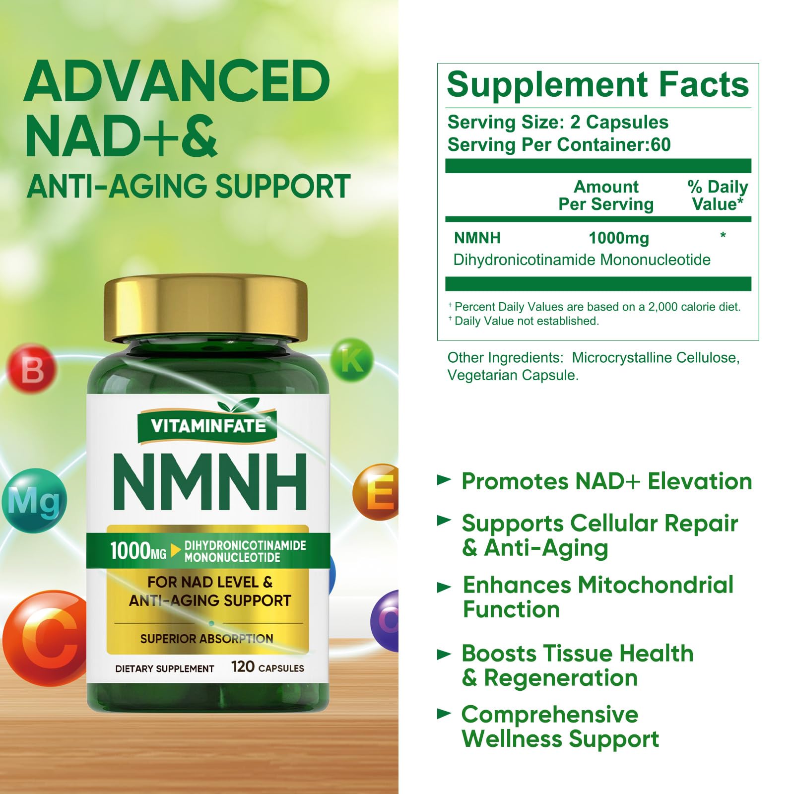 VITAMINFATE NMNH Supplement 1000 mg - 120 Capsules | NMN Alternative | Supports Anti-Aging, Cellular Energy and Repair, Metabolism & Brain Boost VITAMINFATE uk supplements