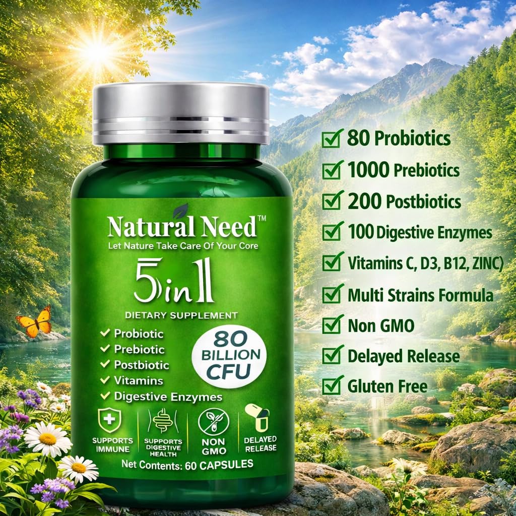 NATURAL NEED™ Gut Health – 5-in-1 Formula with Probiotics, Prebiotics, Postbiotics, Enzymes & Vitamins (C,D3,B12,Zinc) – Delayed Release Capsule – Supports Overall Digestion, Immunity & Gut – 60 Vegan NATURAL NEED uk supplements