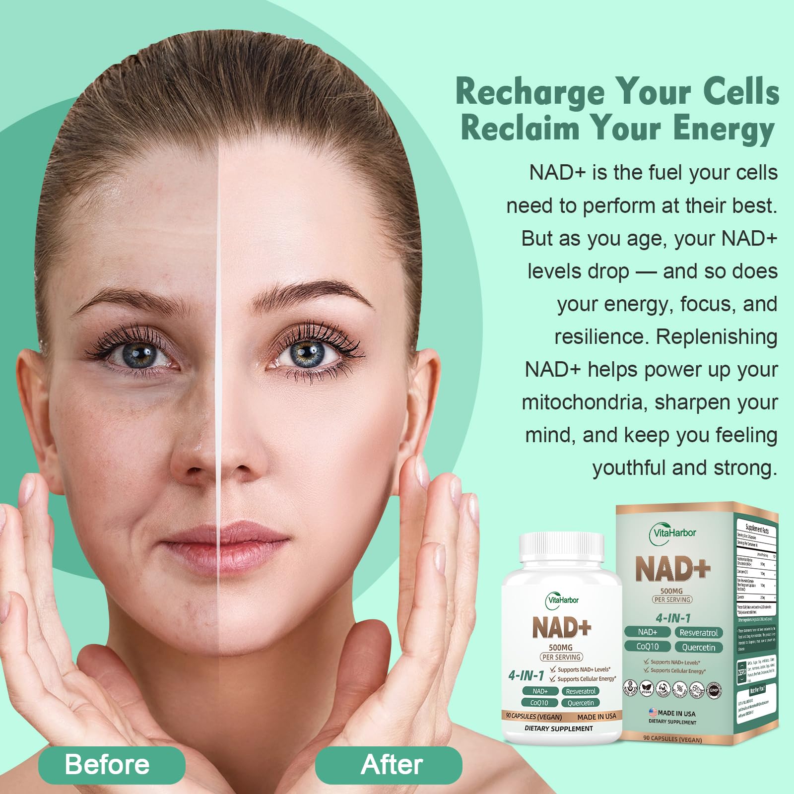 NAD Supplement 500mg, Pure Organic NAD+ Supplement for Women & Men, NAD+ with Trans-Resveratrol & CoQ10 & Quercetin for Cellular Energy & Healthy Aging, NMN Alternative (90 Vegan Caps) VitaHarbor uk supplements