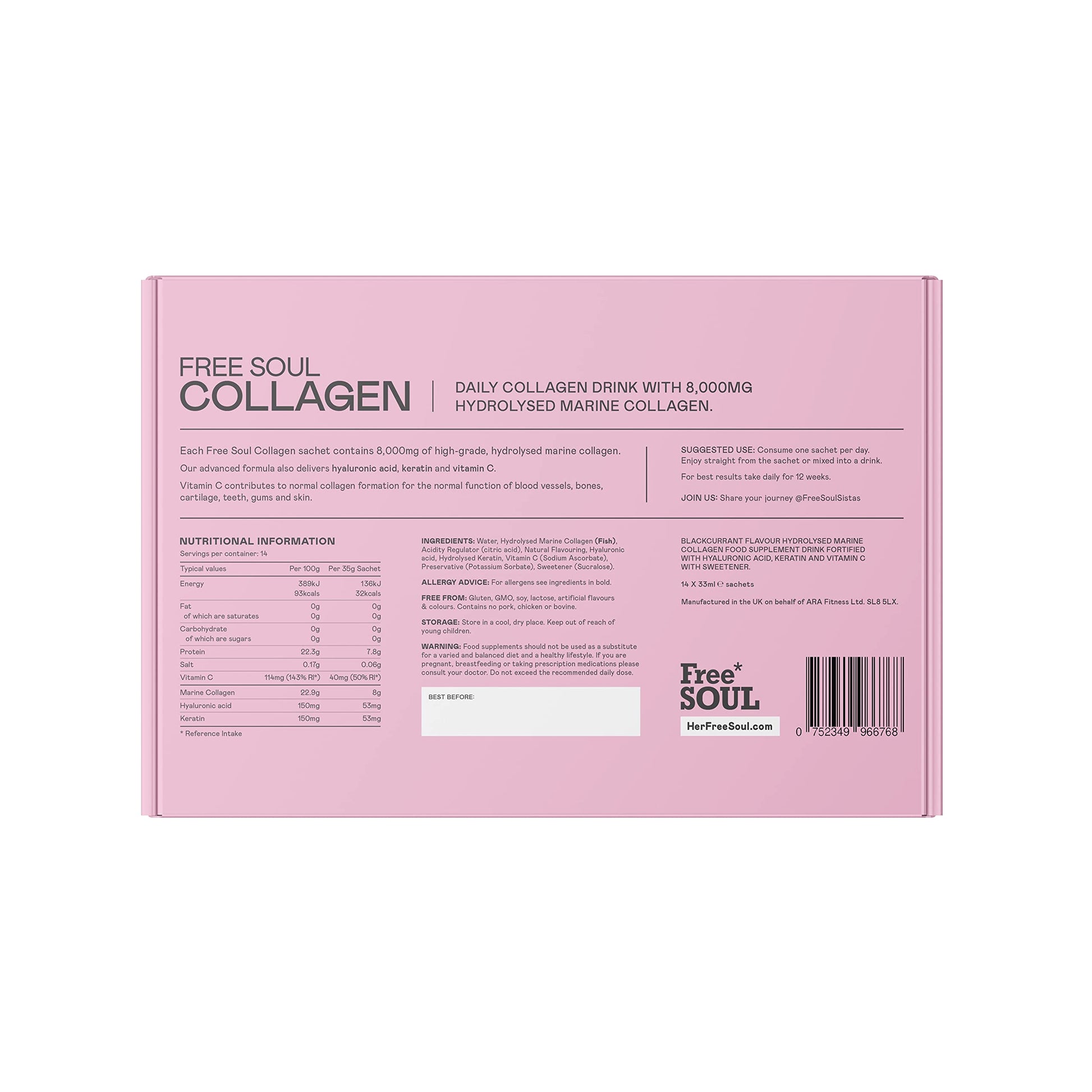 Marine Collagen Liquid 8000mg with Hyaluronic Acid, Keratin, & Vitamin C, 14 x 8000mg Hydrolysed Collagen Free Soul uk supplements