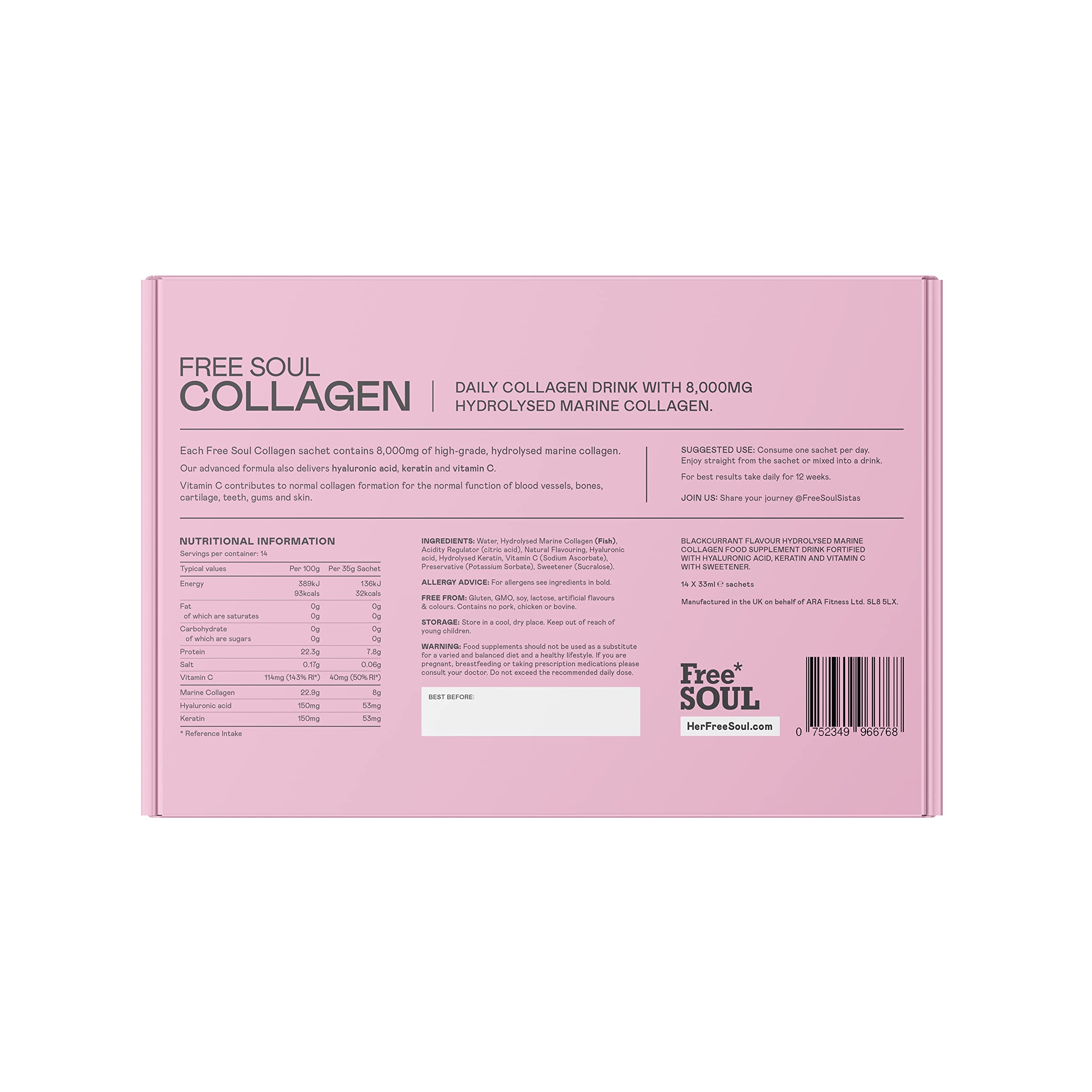 Marine Collagen Liquid 8000mg with Hyaluronic Acid, Keratin, & Vitamin C, 14 x 8000mg Hydrolysed Collagen Free Soul uk supplements