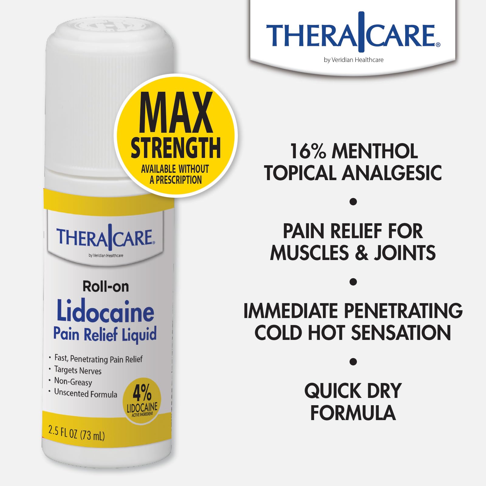 TheraCare 4% Lidocaine Roll-On | OTC Strength | Pain Relief Liquid | 2.5 oz. 73 mL | Non-Greasy, Unscented Formula | Topical Anesthetic Thera Care uk supplements