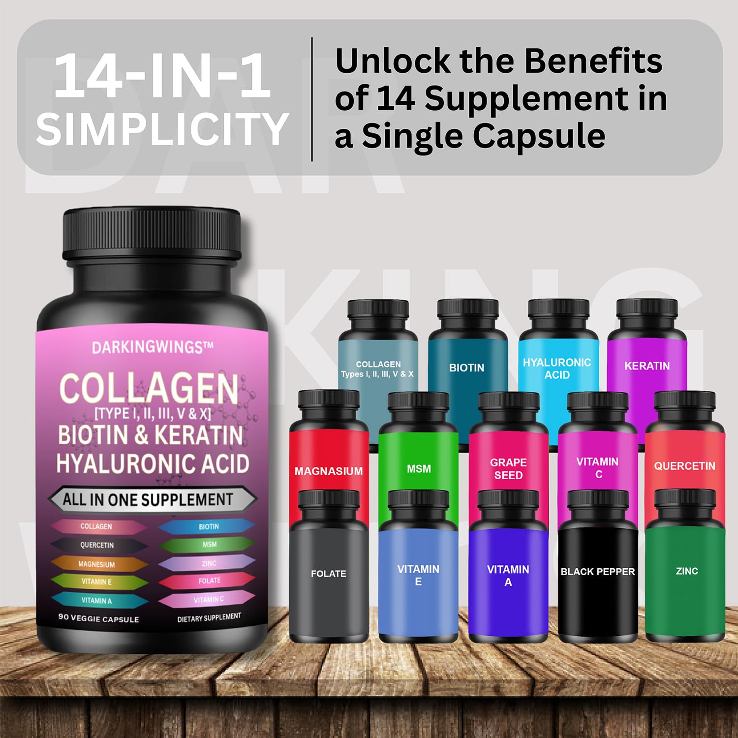 Multi Collagen Pills Peptides Types I, II, III, V & X MCG Biotin Keratin Hyaluronic Acid MSM Vitamin C Zinc Magnesium with Grape Seed Extract, Quercetin - Hair Skin and Nails Vitamins Capsule Darkingwings uk supplements