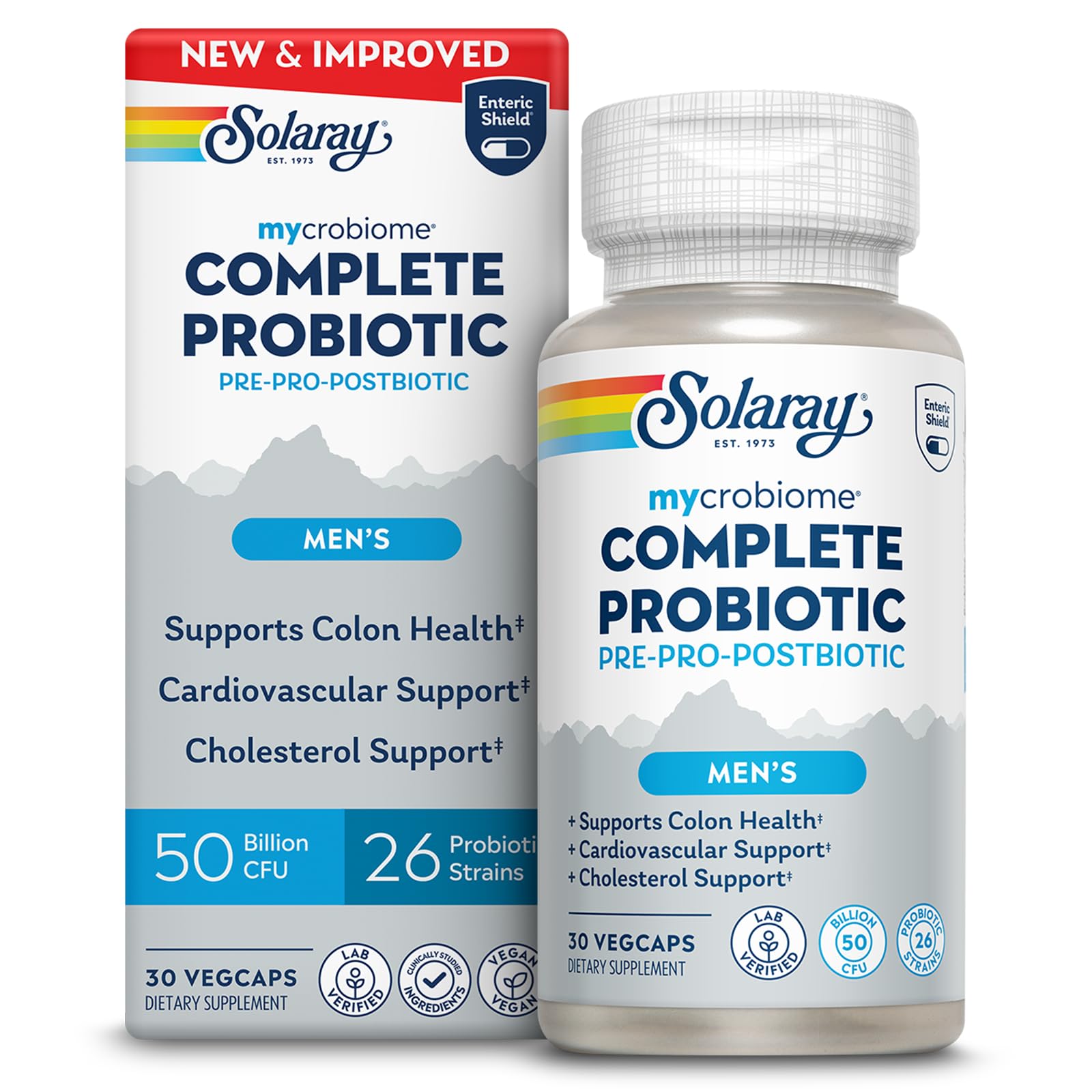 SOLARAY Mycrobiome Complete Probiotic Men's Formula - Pre and Probiotics for Men Plus Postbiotic - Digestive Health and Immune Support - 50 Billion CFU, 26 Strains - Vegan - 30 Servings, 30 VegCaps SOLARAY uk supplements
