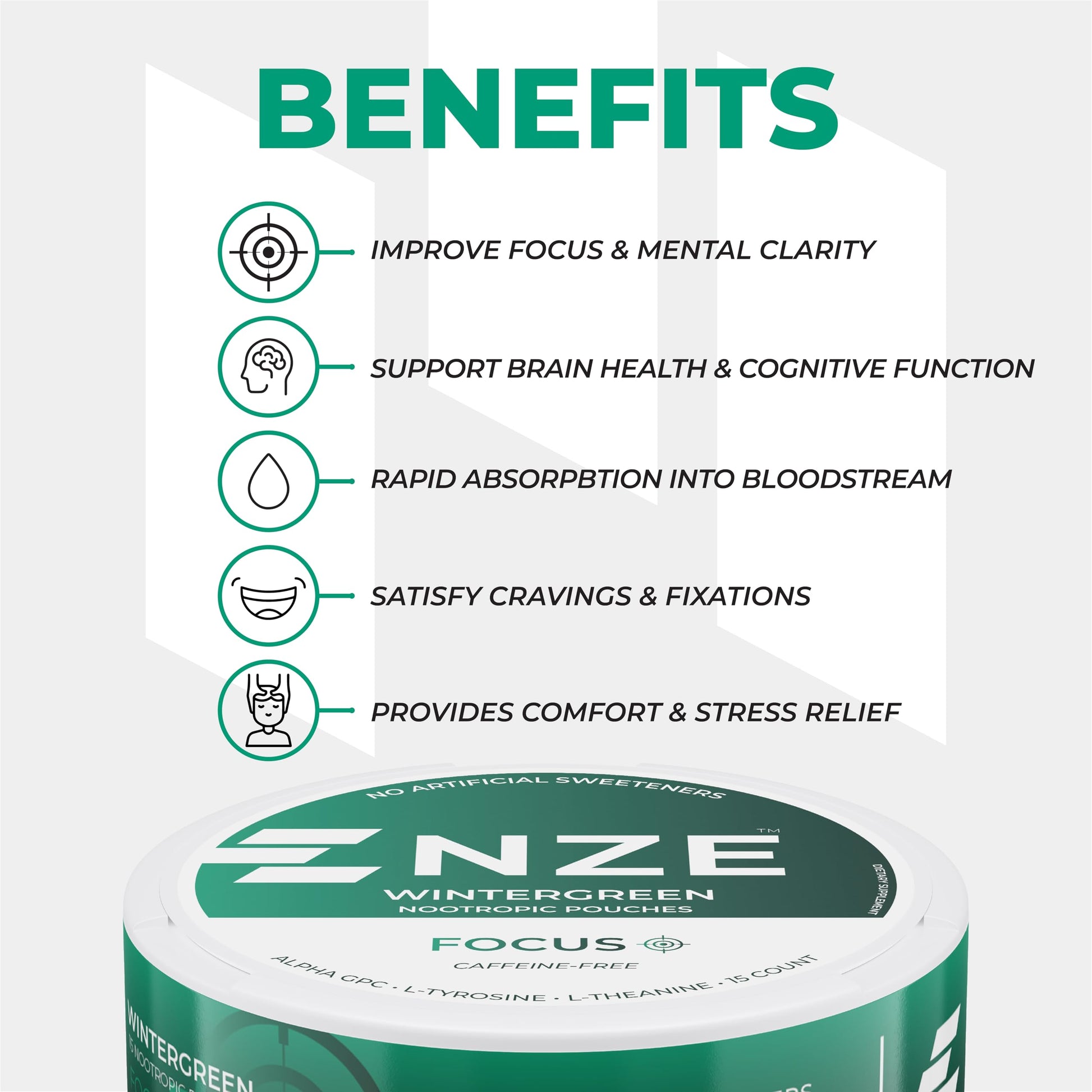 NZE Caffeine Free Nootropic Pouches (Wintergreen) - Nootropic Pouches with Alpha GPC, L-Tyrosine & L-Theanine - No Sugar or Artificial Sweeteners - 15 Pouches Per Can - 5 Pack NZE uk supplements