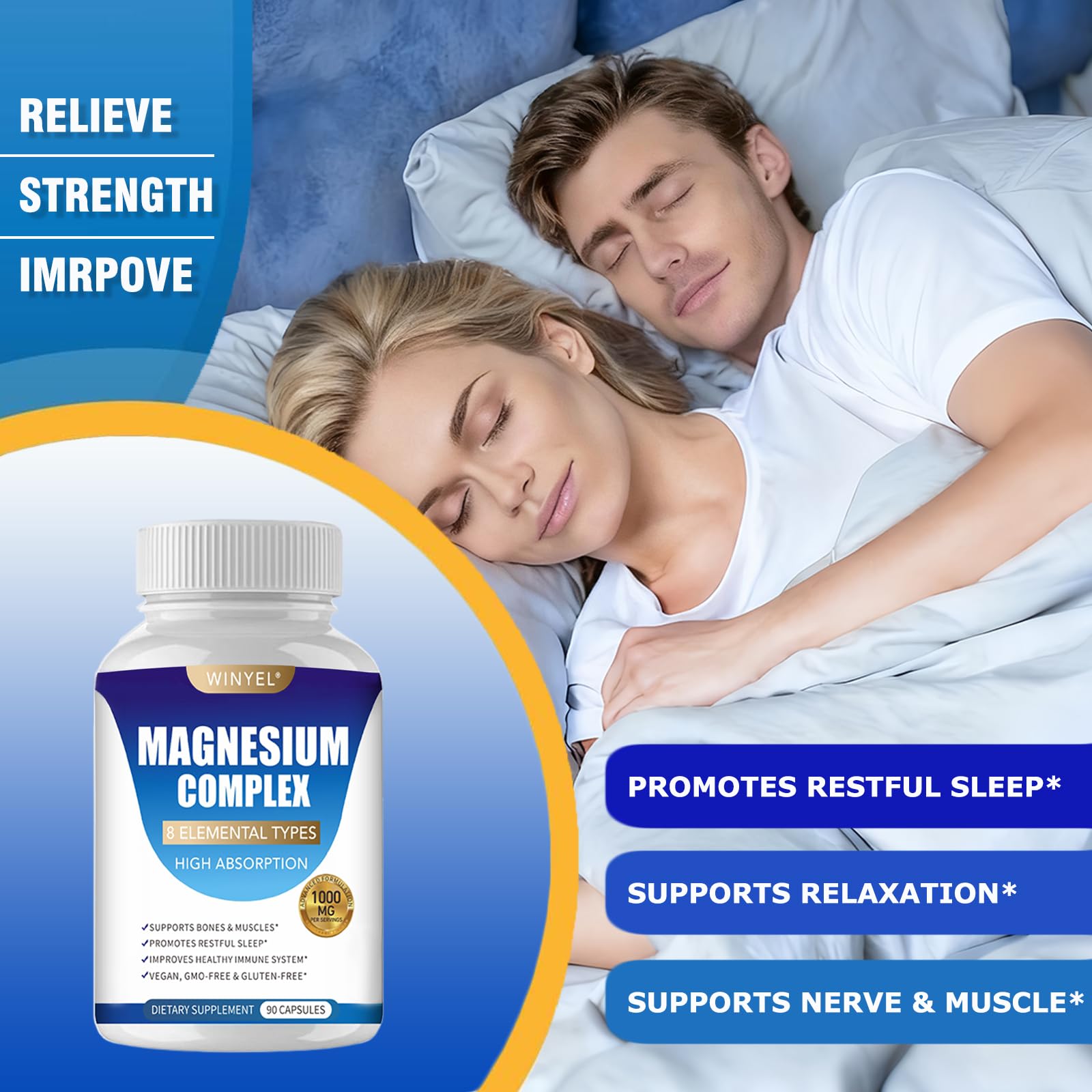 Magnesium Complex Supplement 8 Elemental 1000mg | Magnesium Supplement with Glycinate, Malate, Citrate | Sleep, Relaxation, Bone & Muscle | Vegan 90 Capsules WINYEL uk supplements
