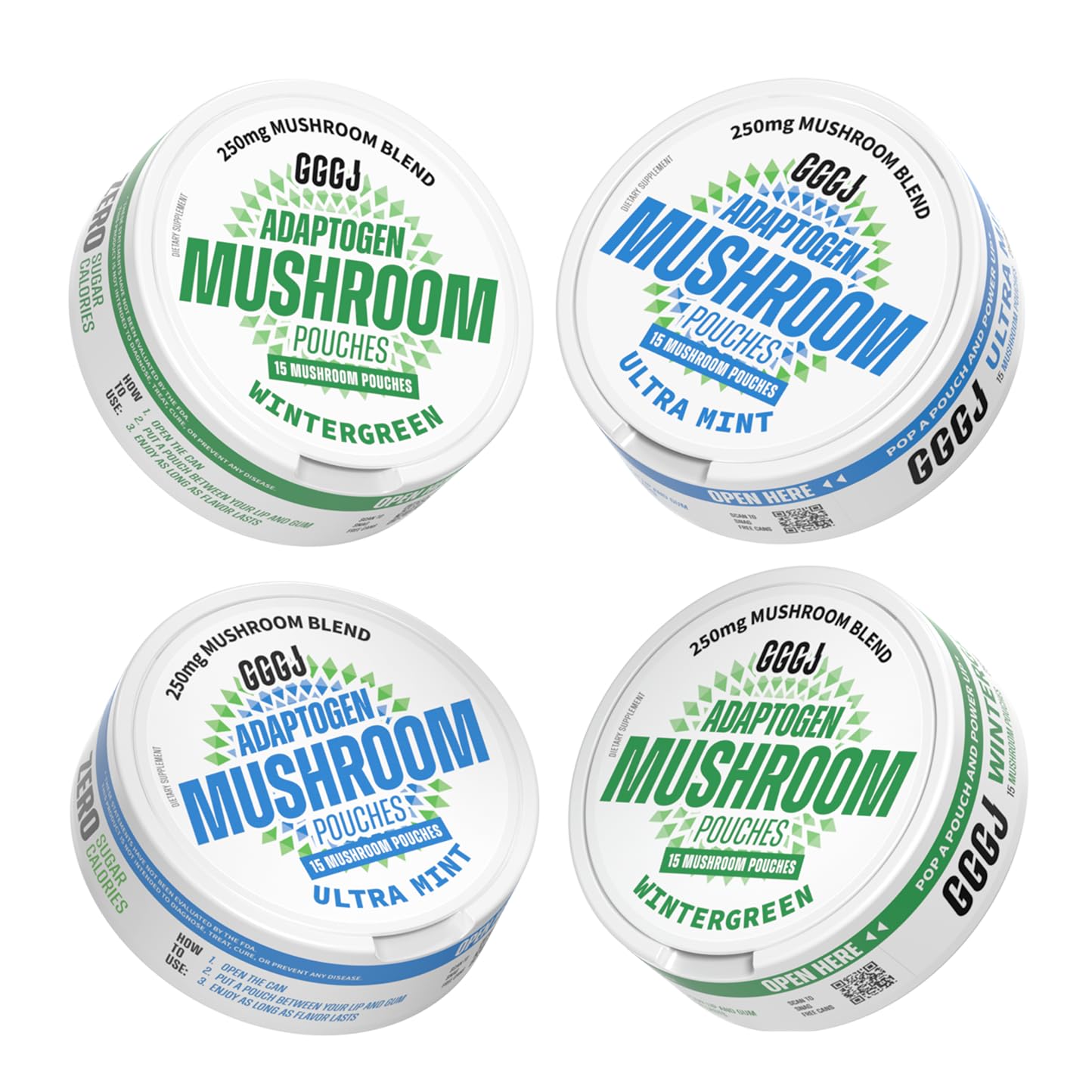 Adaptogen Mushroom Nootropic Pouches (4 Pack Bundle) - 250mg Mushroom Blend + 165mg Energy Blend, Nicotine Free & Caffeine Free, Ultra Pouch with Lion's Mane, Cordyceps, Reishi, Alpha-GPC, L-Theanine GGGJ uk supplements
