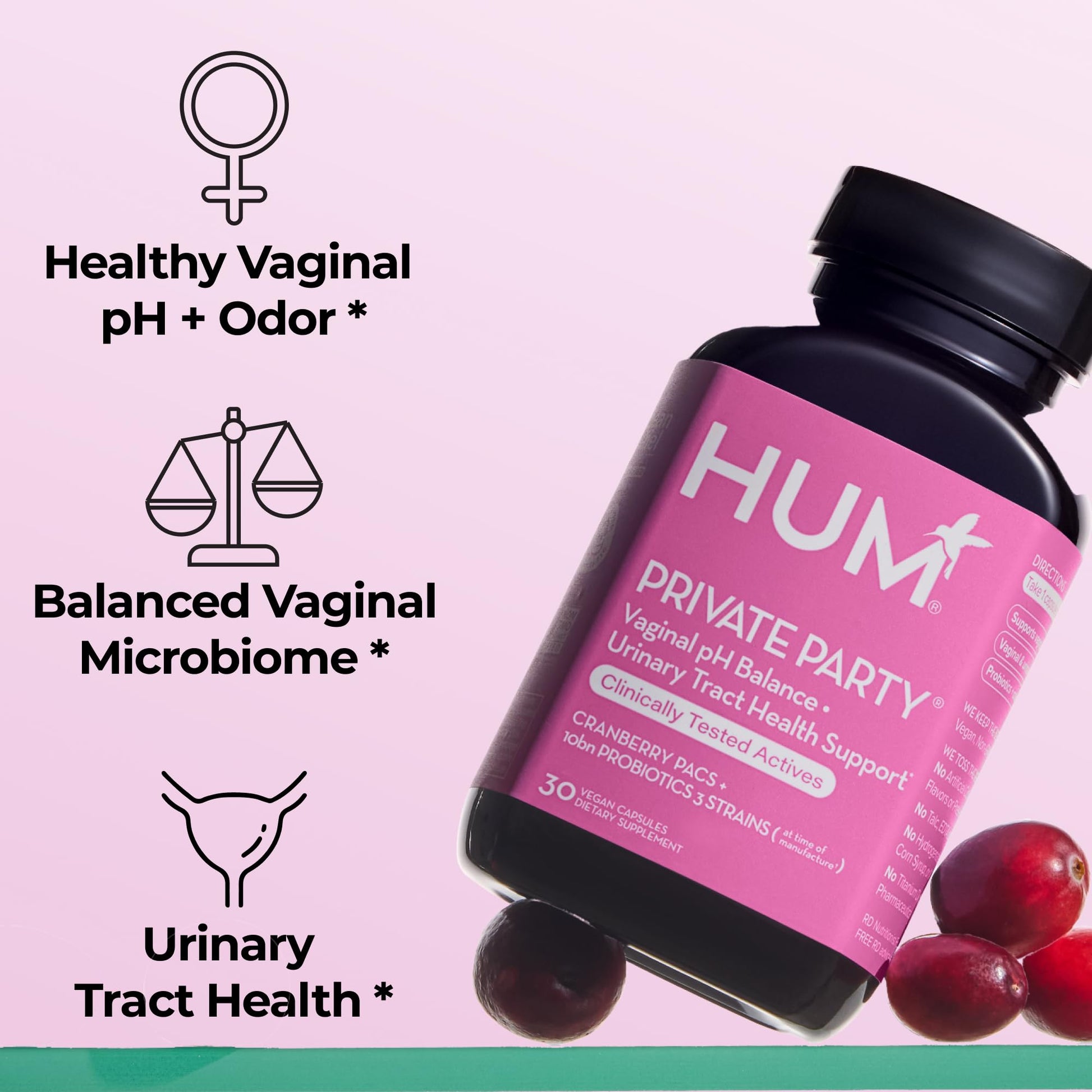 HUM Private Party Vaginal Probiotics for Women, pH Balance and Urinary Tract Support Vaginal Probiotic Supplement with Cranberry & Lactobacillus Blend, Women's Health Cranberry Pills, 30 Capsules HUM uk supplements
