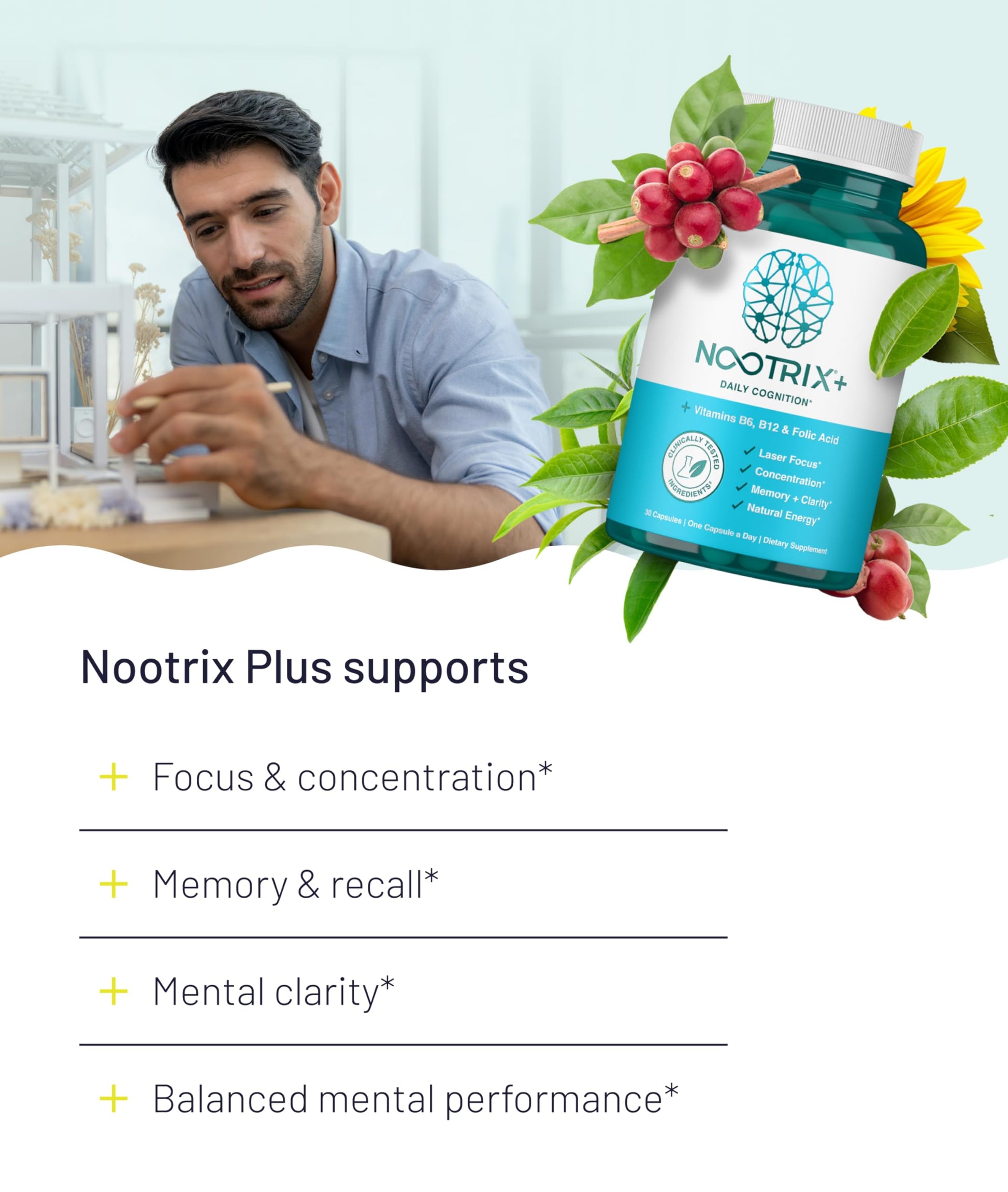 Nootrix Brain Plus Nootropic Supplement | Supports Memory, Mental Focus, Cognitive Health & Energy | Promotes Healthy Mood & Brain Function | Vitamin B1, Vitamin B6 & Vitamin B12 | 30 Capsules Nootrix uk supplements