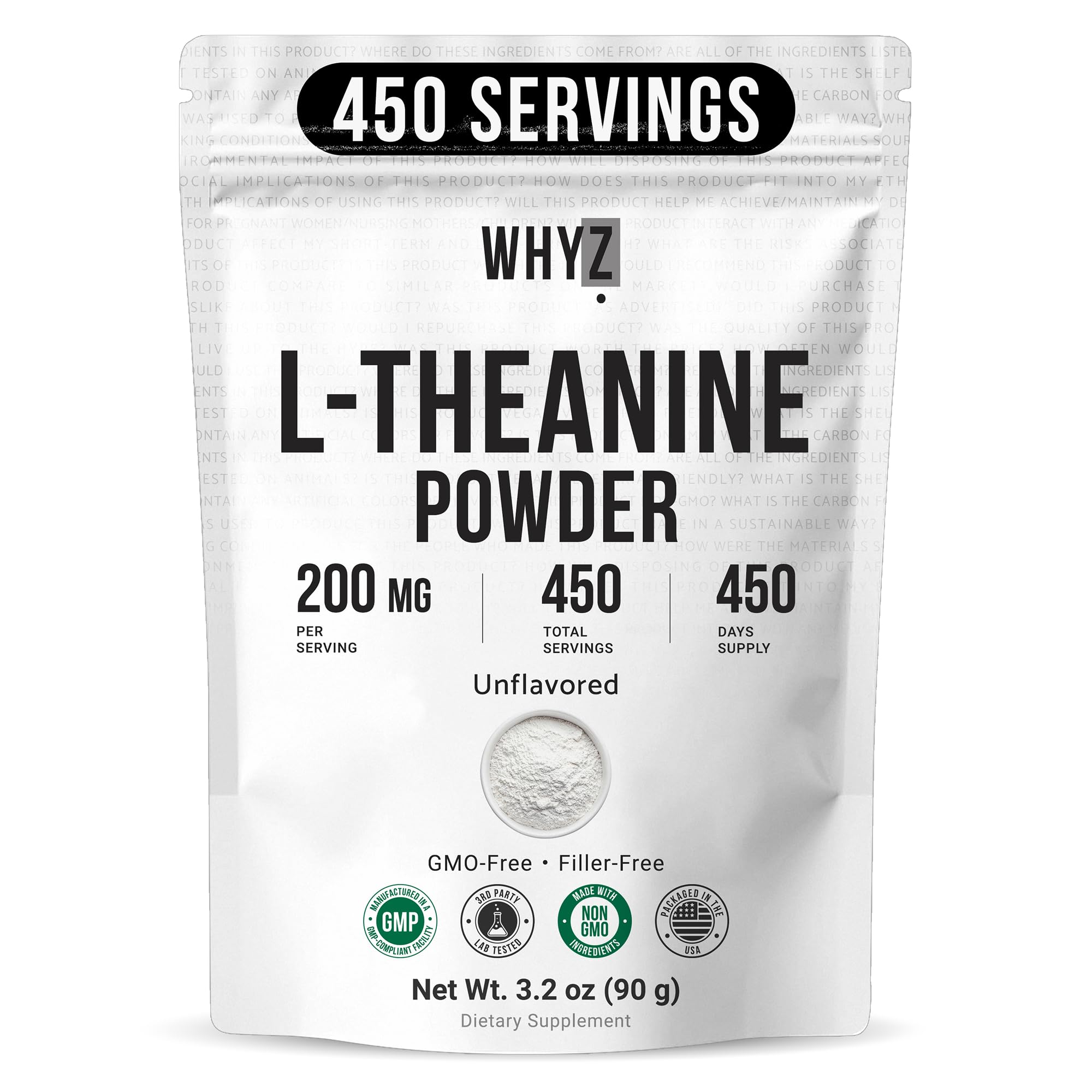 Pure L-Theanine Powder Unflavored Amino Acid Supplement Powder from Fine L-Theanine for Smooth Mixing Vegan Friendly Non-GMO No-Additives for Smoothies Drinks and Daily Nutrition Support, 3.2 oz (90g) WHYZ uk supplements