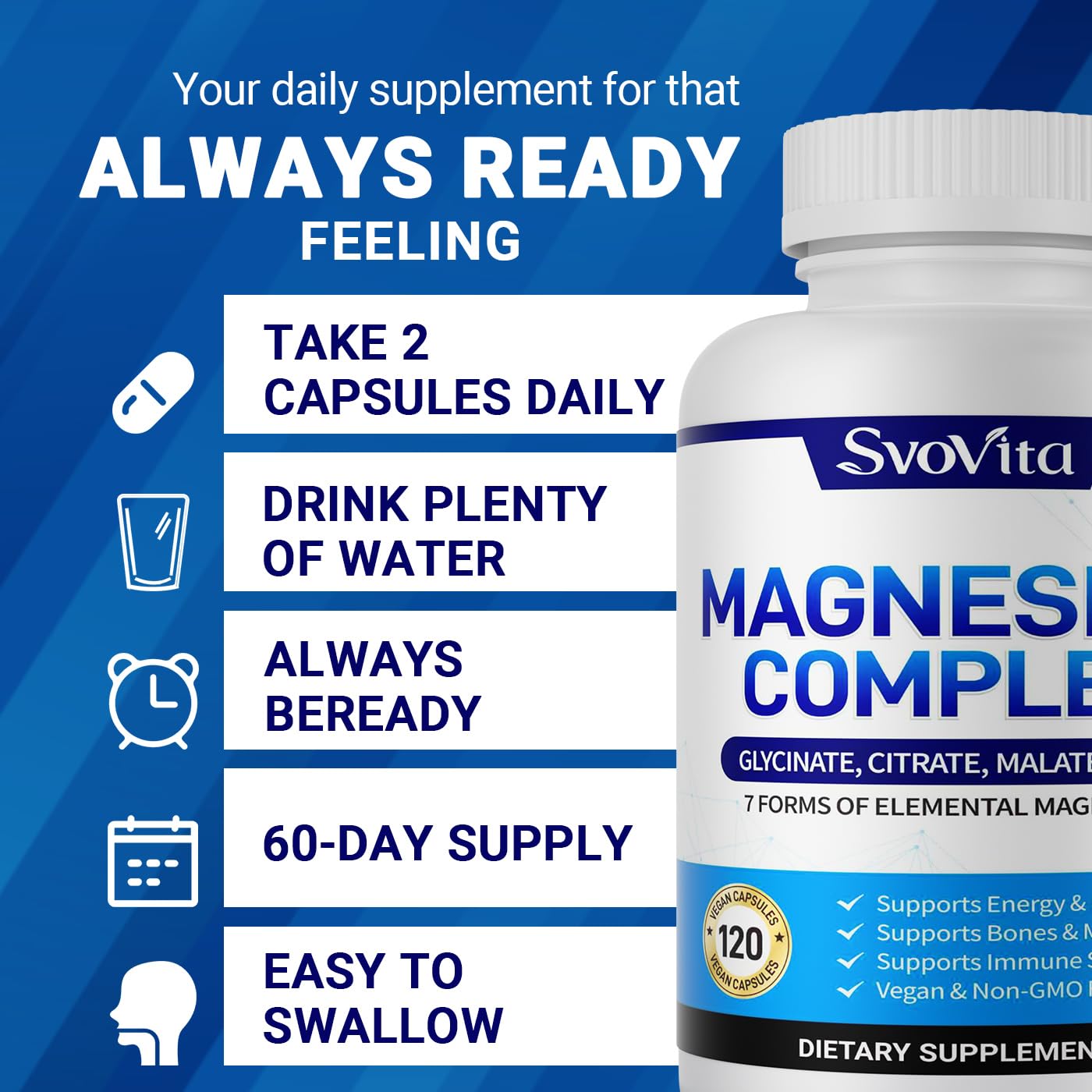 Magnesium Complex Supplement with 7 Forms of Magnesium Glycinate, Malate, Citrate & More, High Absorption for Bones, Muscle, Recovery, Energy, Vegan Non-GMO 120 Capsules Svovita uk supplements