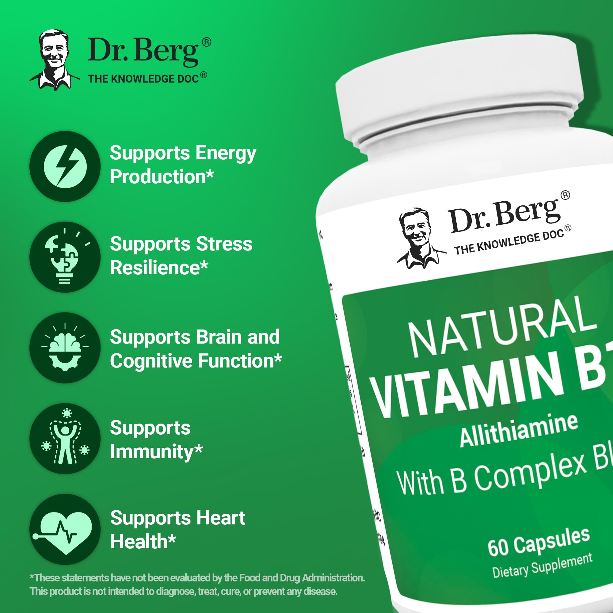 Dr. Berg Natural Vitamin B1 B6 B12 Complex - Allithiamine Vitamin B1 Supplement with 8 Essential Vitamin B Complex for Men & Women Including Thiamin, Niacin, Folate, Magnesium & More - 60 Capsules Dr. Berg Nutritionals uk supplements