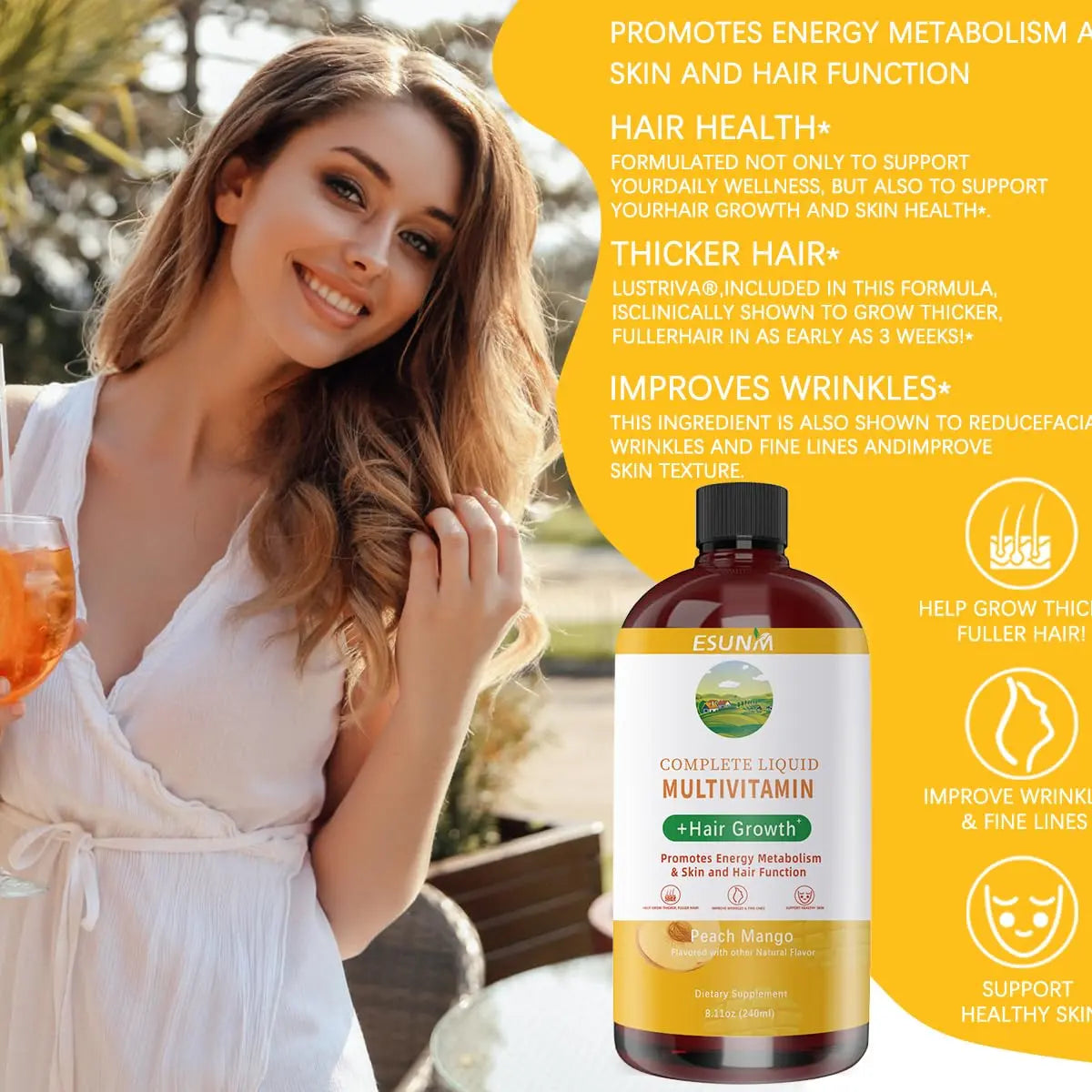 ESUNM Complete Liquid Multivitamin + Hair Growth, Promotes Energy Metabolism& Skin and Hair Function| Vitamin C D | B Vitamins | ESUNM uk supplements