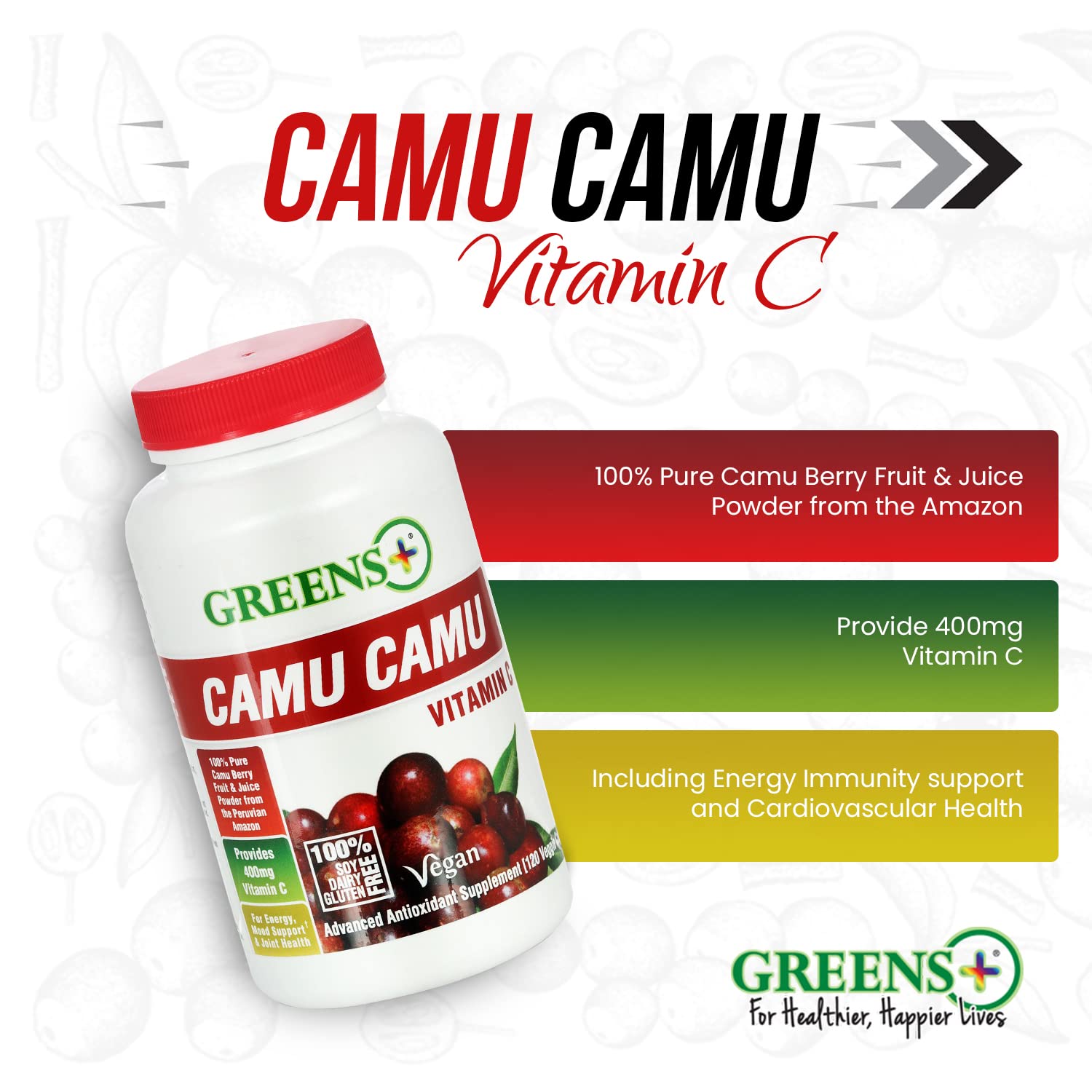Greens+ Organic Reds Superfood Powder Camu Camu Dietary 400mg Vitamin C SuperFruit Supplement 120 Capsules, 100% Natural, Vitamins & Minerals, Vegan, Soy/Dairy/Gluten Free Greens+ uk supplements