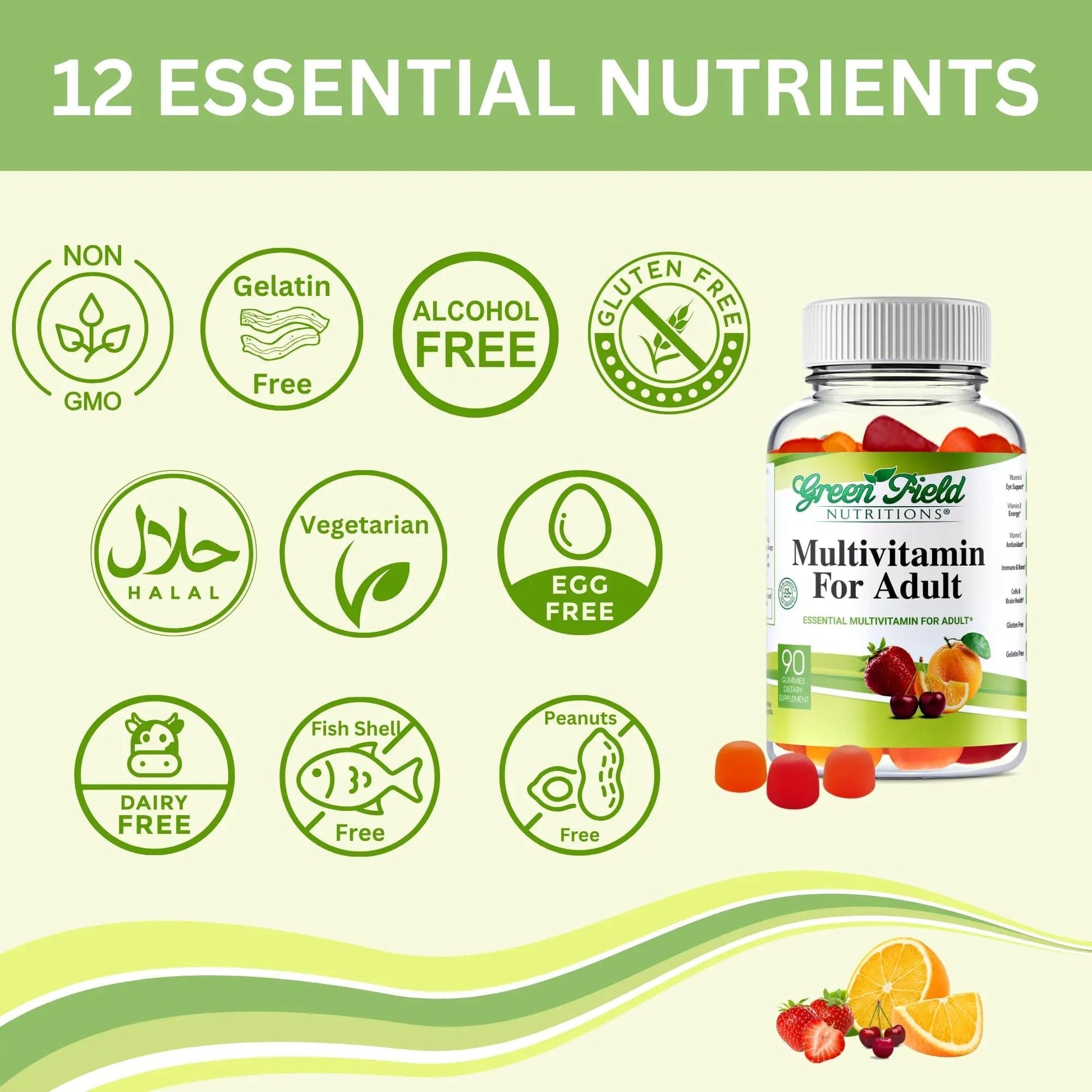 Greenfield Nutritions Halal Multivitamins for Adults | 90 Halal Vitamins for Women & Men | All Essential Gelatin Free Halal Gummy Vitamin, Mineral GREEN FIELD NUTRITIONS uk supplements
