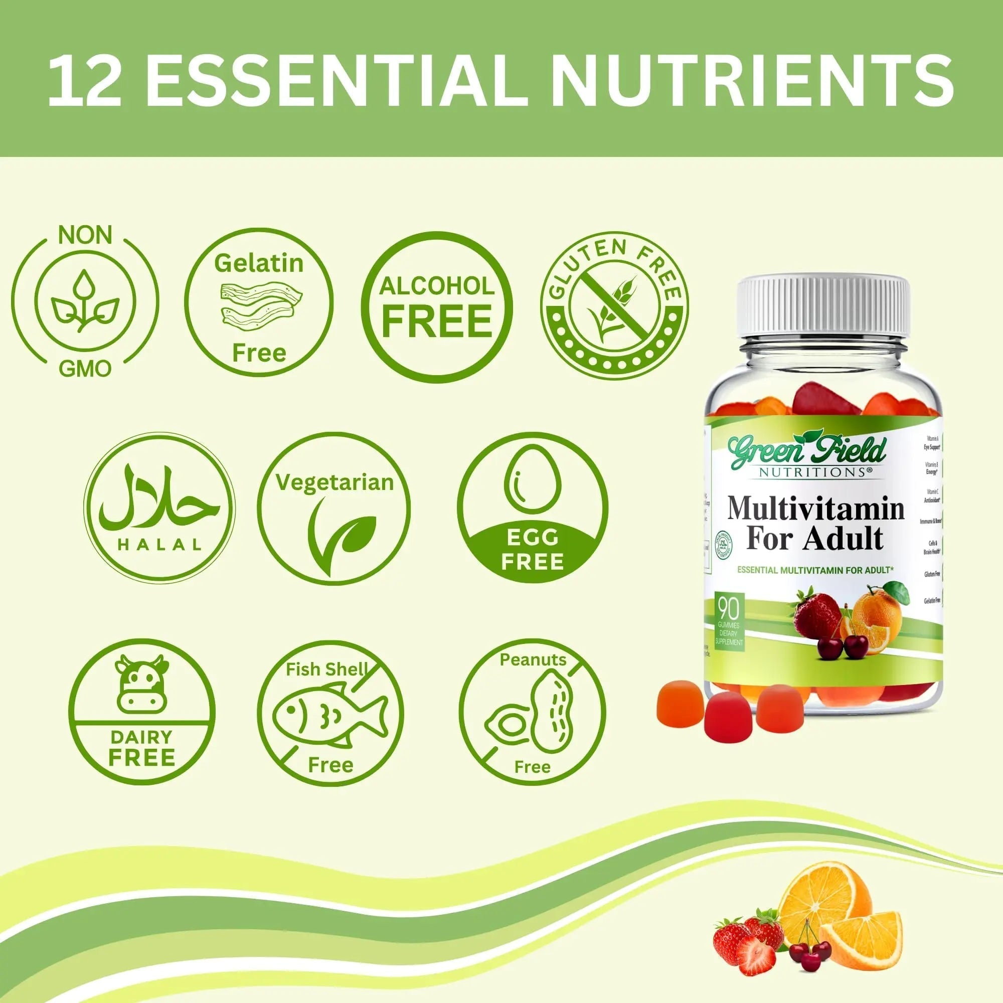 Greenfield Nutritions Halal Multivitamins for Adults | 90 Halal Vitamins for Women & Men | All Essential Gelatin Free Halal Gummy Vitamin, Mineral GREEN FIELD NUTRITIONS uk supplements