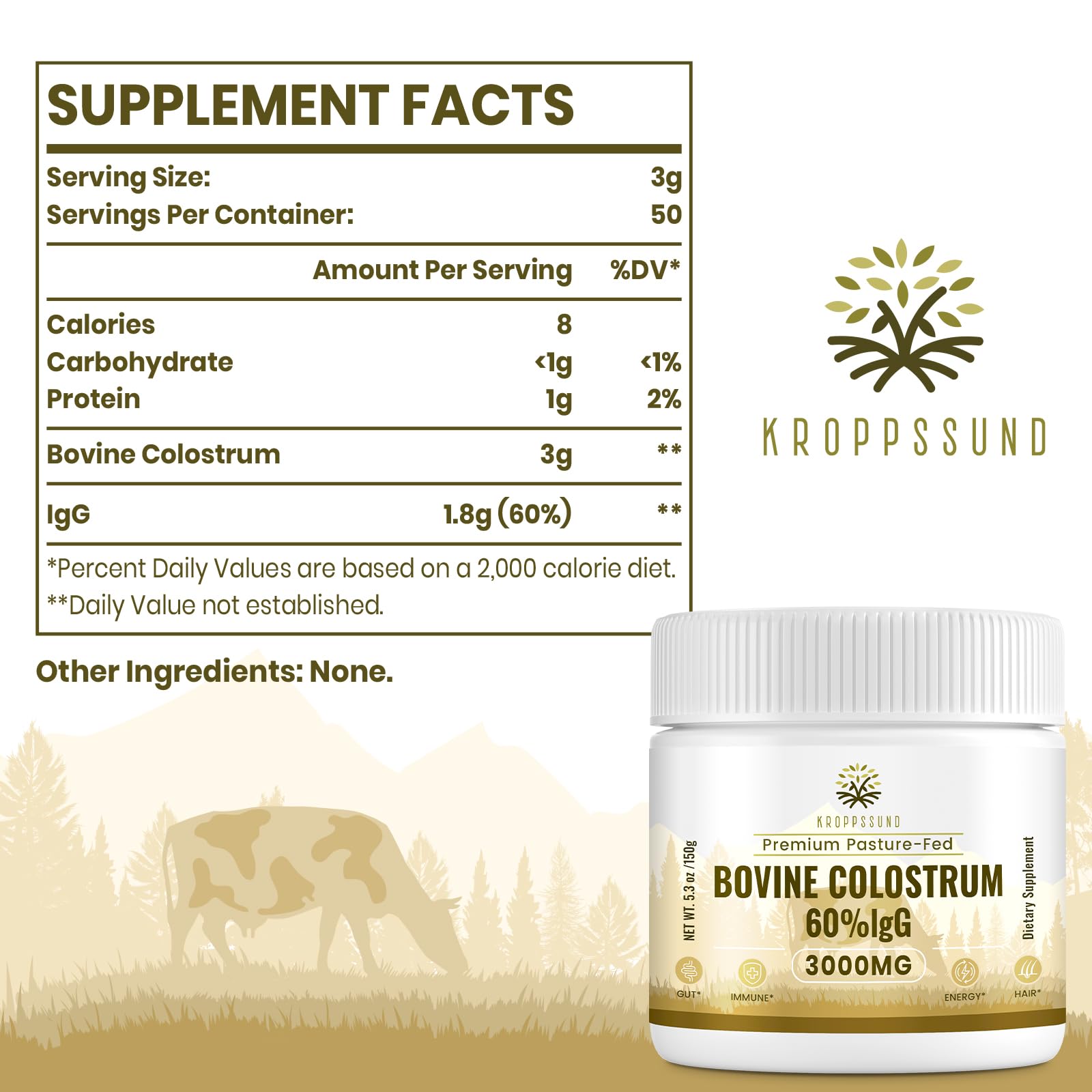 Kroppssund Bovine Colostrum Powder Supplement 3000 mg - Extra High 60% IgG Bovine Colostrum - Gut, Bone, Exercise, Immune - 50 Servings (1 Bottle) Kroppssund uk supplements