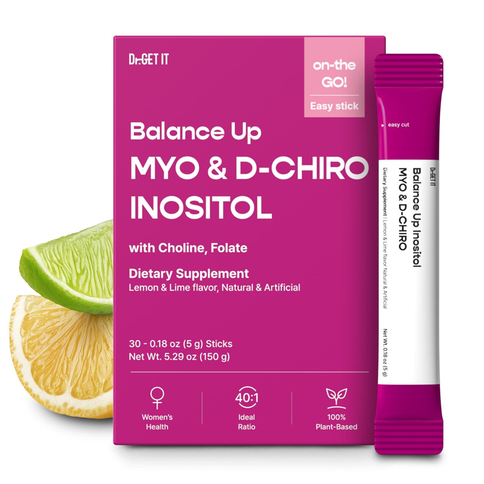 Dr.GET IT Balance Up Inositol 40:1 Myo & D-Chiro with Folate & Choline – Hormone Balance & Reproductive Health Support for Women – Lemon Lime Stick Powder, 30 Servings Dr.GET IT uk supplements