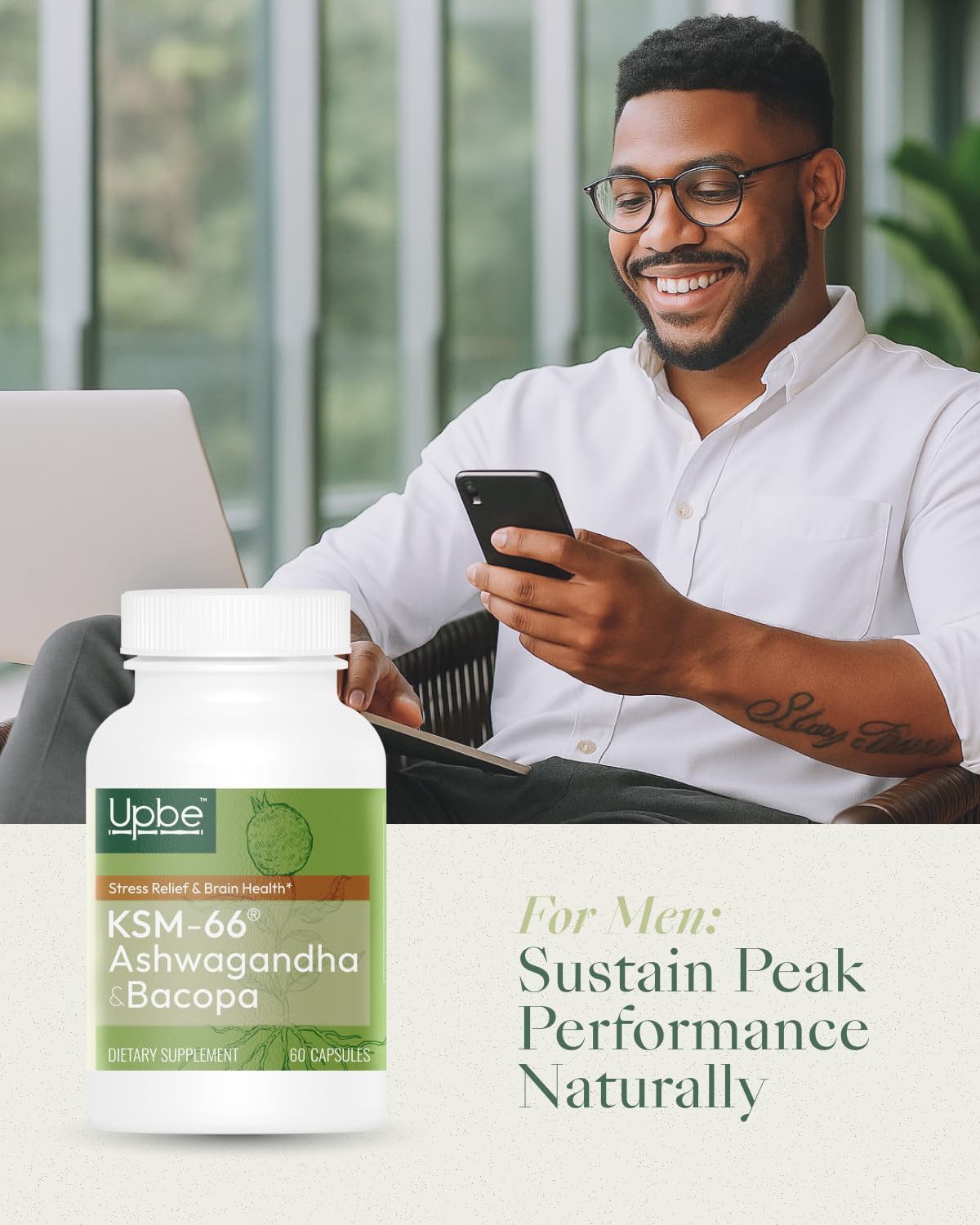 Upbe Ashwagandha Supplements for Women & Men - KSM-66® with Bacopa & Milk Thistle, 60 Vegan Capsules - Stress Relief, Mood, Cortisol Support, Extra Strength Ashwagandha Capsules Upbe uk supplements