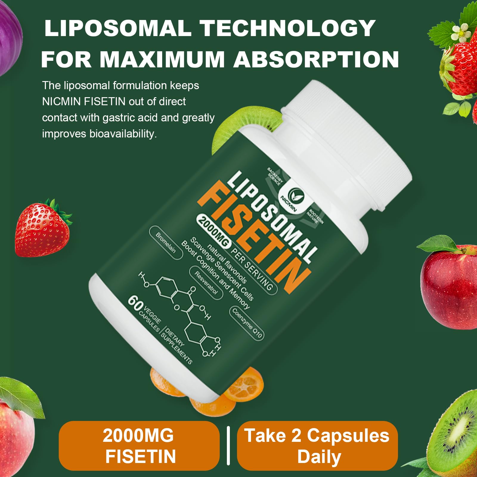 Liposomal Fisetin Supplement, 2000MG, 98% Pure Fisetin Polyphenols Antioxidants, with Quercetin, TMG and Resveratrol, for Healthy Aging, Cognitive Support, 120 Capsules NICMIN uk supplements