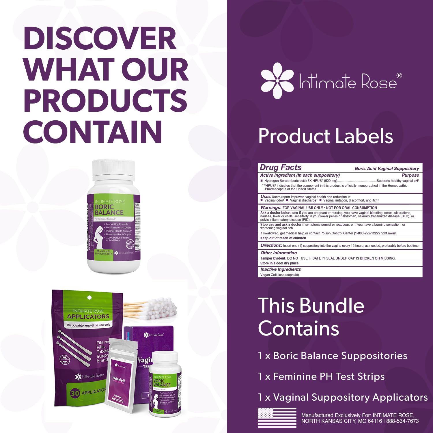 Intimate Rose Boric Acid Suppositories + 15 Count Vaginal Suppository Applicator + pH Test Strips Intimate Rose uk supplements