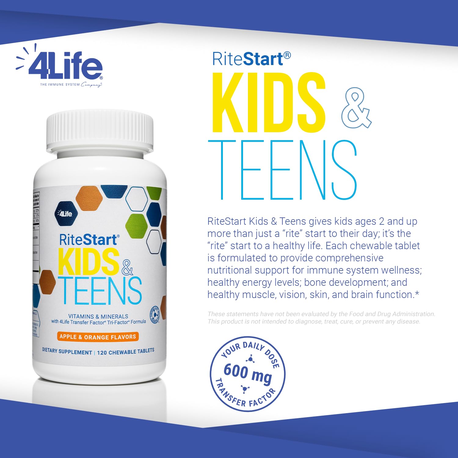 4Life RiteStart Kids and Teens- Apple, Orange Flavors, 22 Essential Vitamins, Minerals, Immune System and Brain Support Ages 2+ - 120 Chewable Tablets 4Life uk supplements