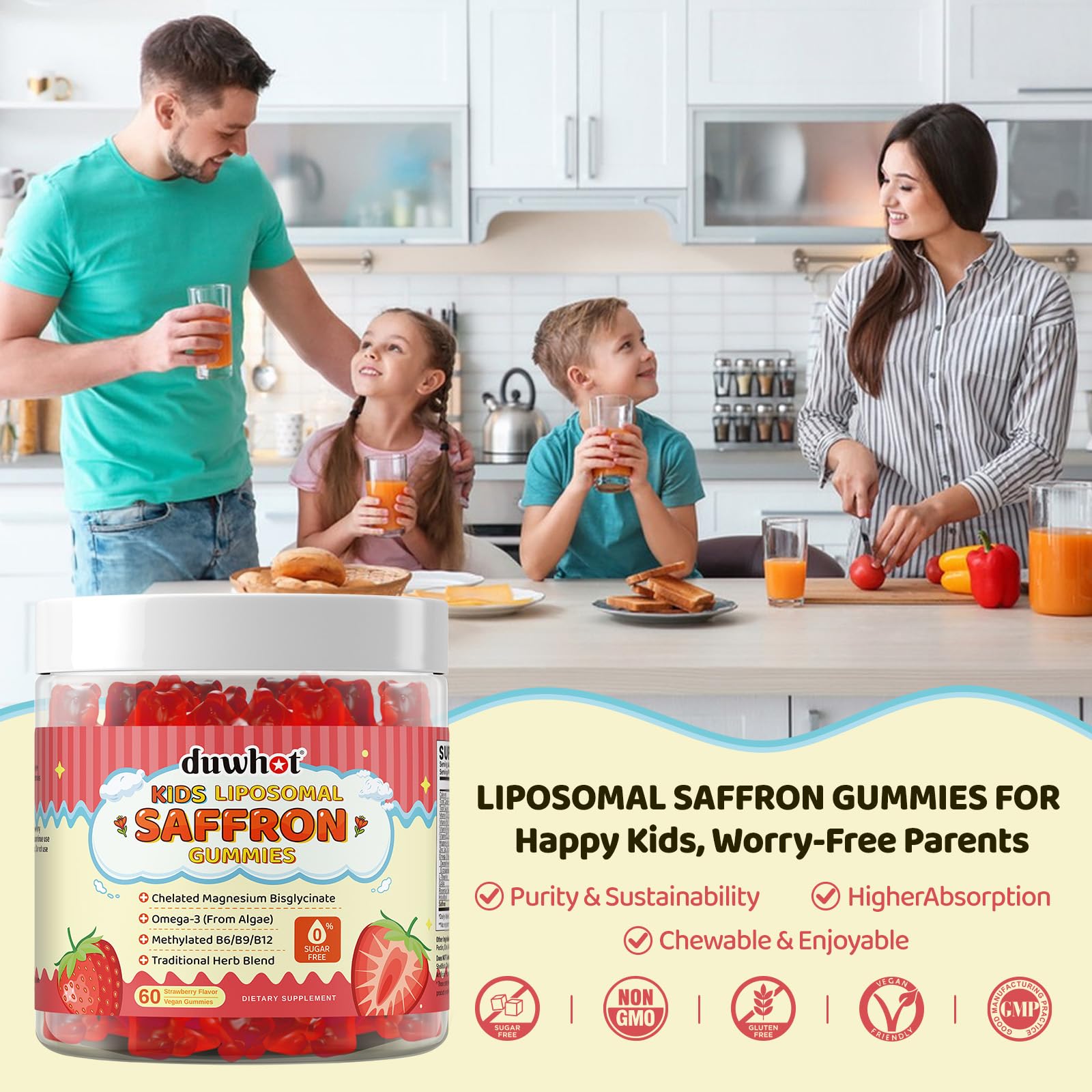 Liposomal Saffron Gummies for Kids 4+, Saffron Supplements w/Holy Basil, Rosemary, Magnesium Glycinate, Omega-3 & More, Brain Focus Support Supplement, Vegan, Organic, Sugar Free, 60 Chewables duwhot uk supplements