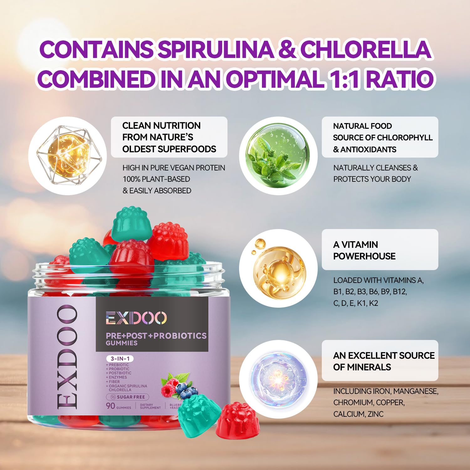 exdoo 3-in-1 Probiotic Gummies Prebiotic+Probiotic+Postbiotic with Organic Spirulina Chlorella Immune Gut & Digestive Support 90 Count exdoo uk supplements