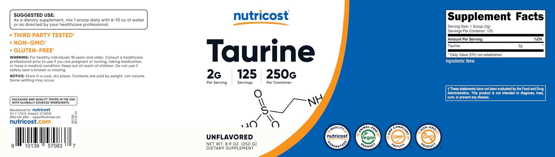 Nutricost Taurine Powder 250 Grams - 125 Servings, 2000mg Per Serving Nutricost uk supplements