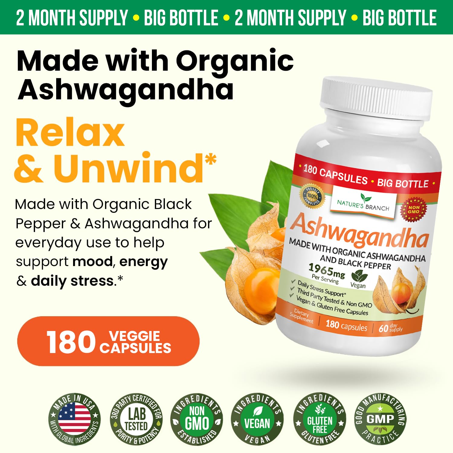 UDAF Certified Organic Ashwagandha with Black Pepper, 1965mg - Extra Strength for Stress, Sleep, Mood, Thyroid, Energy, Hair, Vegan Pure Root Extract Powder Supplement for Men and Women | 180 Capsules NATURE'S BRANCH uk supplements