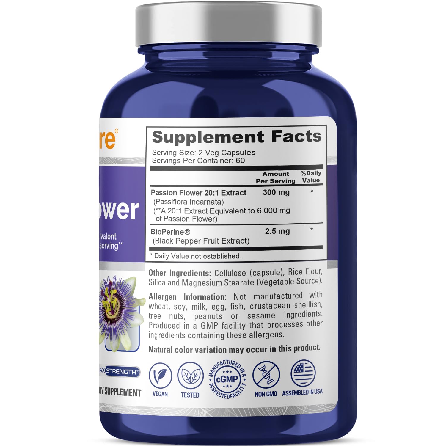 NusaPure Passion Flower 20:1 Extract, 300 mg Equivalent to 6,000mg, 120 Veggie Caps, Non-GMO, Bioperine, & Vegan Extract Supplement NusaPure uk supplements