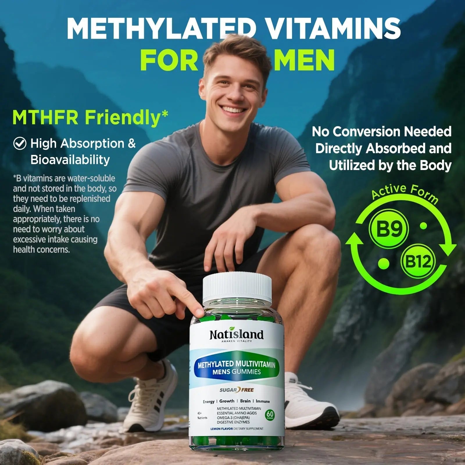 Methylated Multivitamin for Men Gummies, Men`s Multivitamins Gummies with Vitamin B Complex, A, C ,D3, E, K2, Calcium, Magnesium, Omega-3 NATISLAND uk supplements