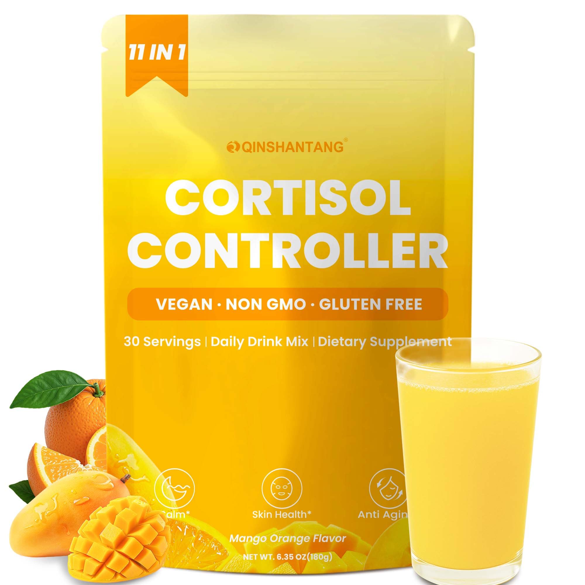 Cortisol Drink Powder, Cortisol Supplements for Women | Magnesium Glycinate, Ashwagandha, L-Theanine & Lion’s Mane | Relaxation, Focus & Stress Balance | Mango Orange Flavor | 30 Servings QIN SHAN TANG uk supplements