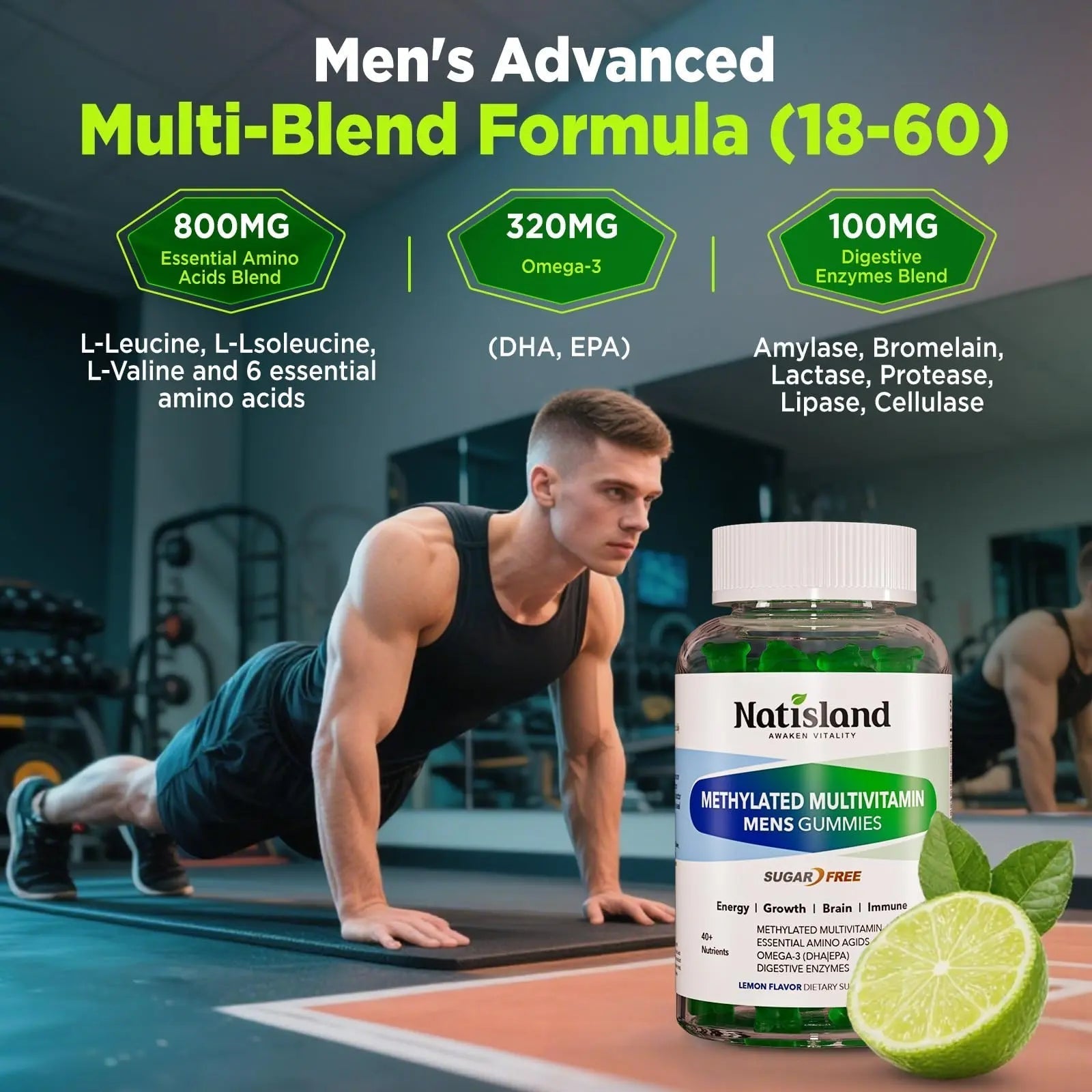 Methylated Multivitamin for Men Gummies, Men`s Multivitamins Gummies with Vitamin B Complex, A, C ,D3, E, K2, Calcium, Magnesium, Omega-3 NATISLAND uk supplements