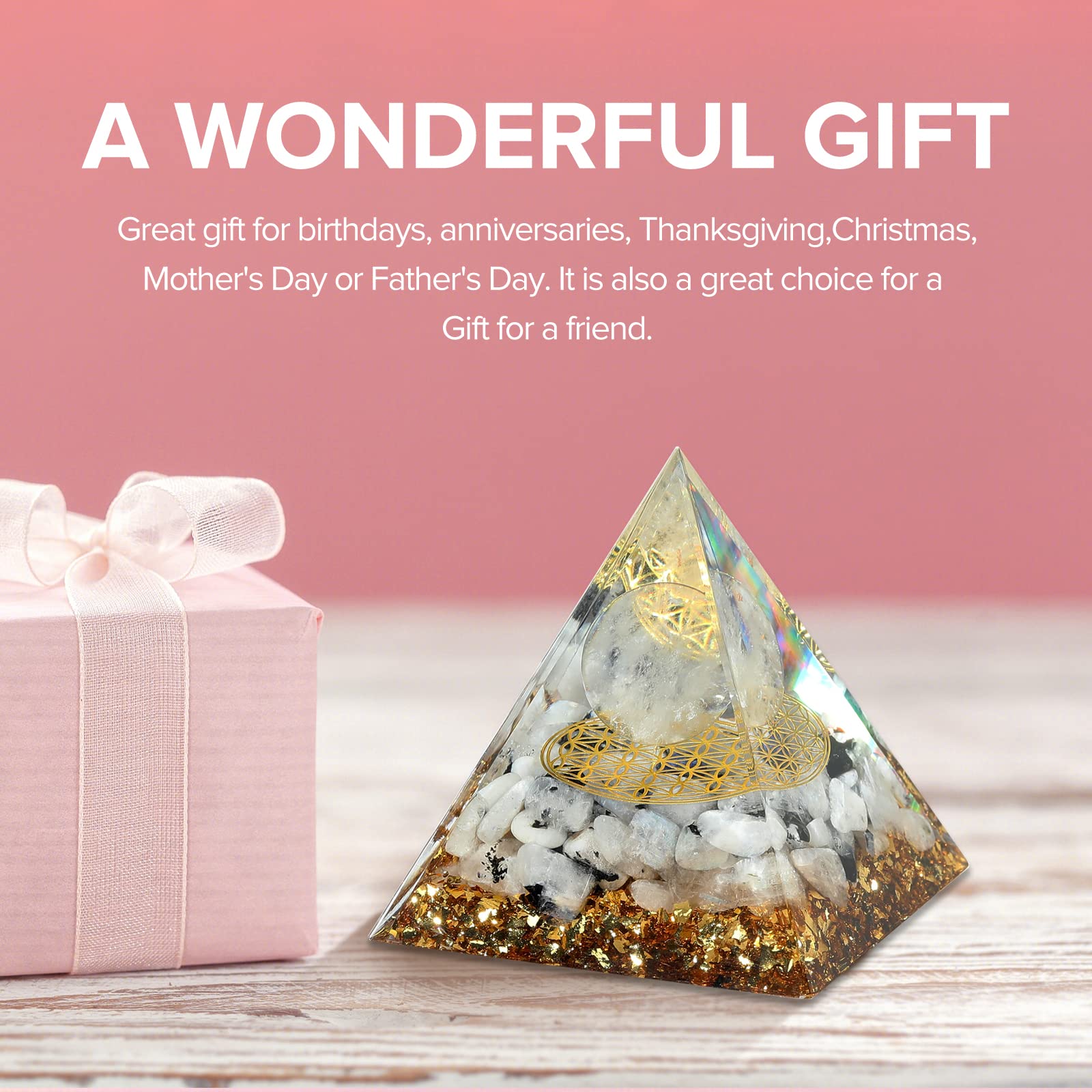 Hopeseed Orgone Pyramid for Positive Energy, Orgonite Rainbow Moonstone&White Crystal Hopeseed uk supplements