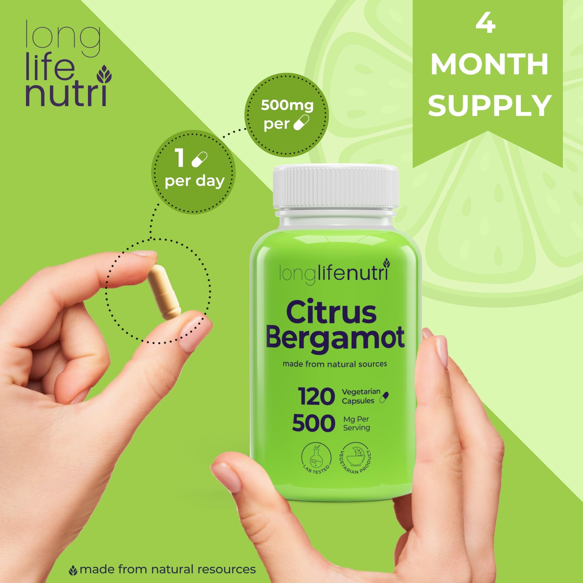 LongLifeNutri Citrus Bergamot Extract 500mg - 120 Vegetarian Capsules, 40% Polyphenolic Flavanones, 4-Month Supply, Plant-Based Anti-Oxidant, Tested, Made in USA LongLifeNutri uk supplements