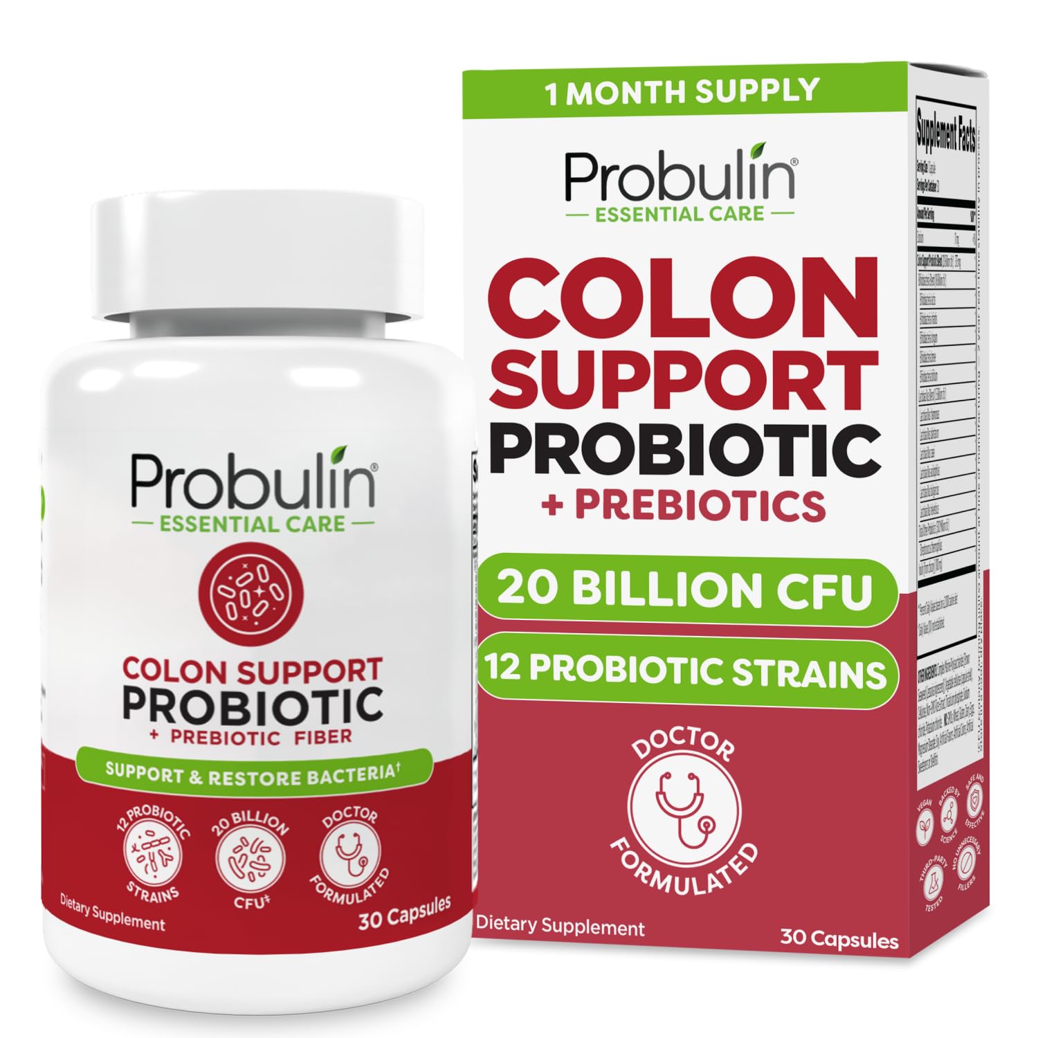 Probulin Colon Support Probiotic Supplement, Daily Gut, Digestive, and Immune Health Probiotics Capsules for Men and Women, 20 Billion CFU, Vegan, 30 Count Bottle Probulin uk supplements
