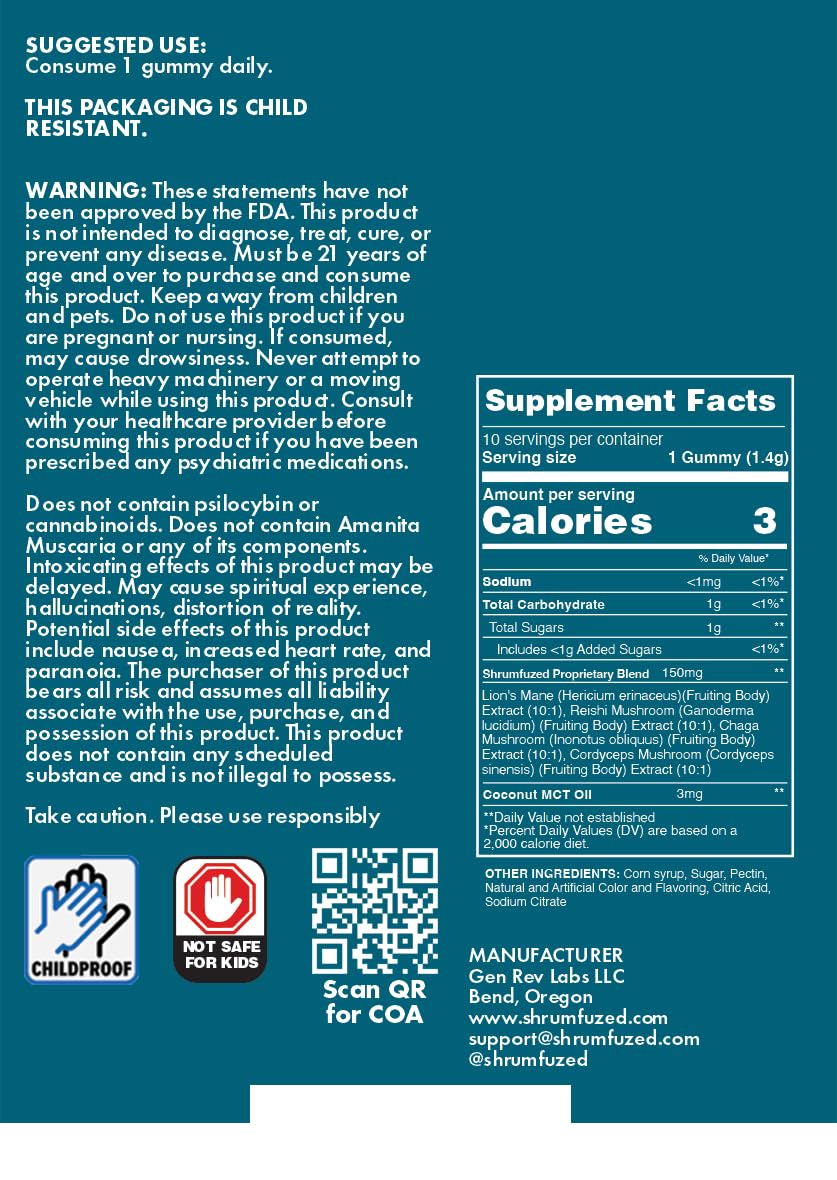 Shrumfuzed Miniz - Proprietary Nootropic Gummy 3200mg - Lion's Mane, Reishi, Chaga, Cordycep, and Proprietary Nootropic Mushroom Blend (10pk, Assorted) Shrumfuzed uk supplements