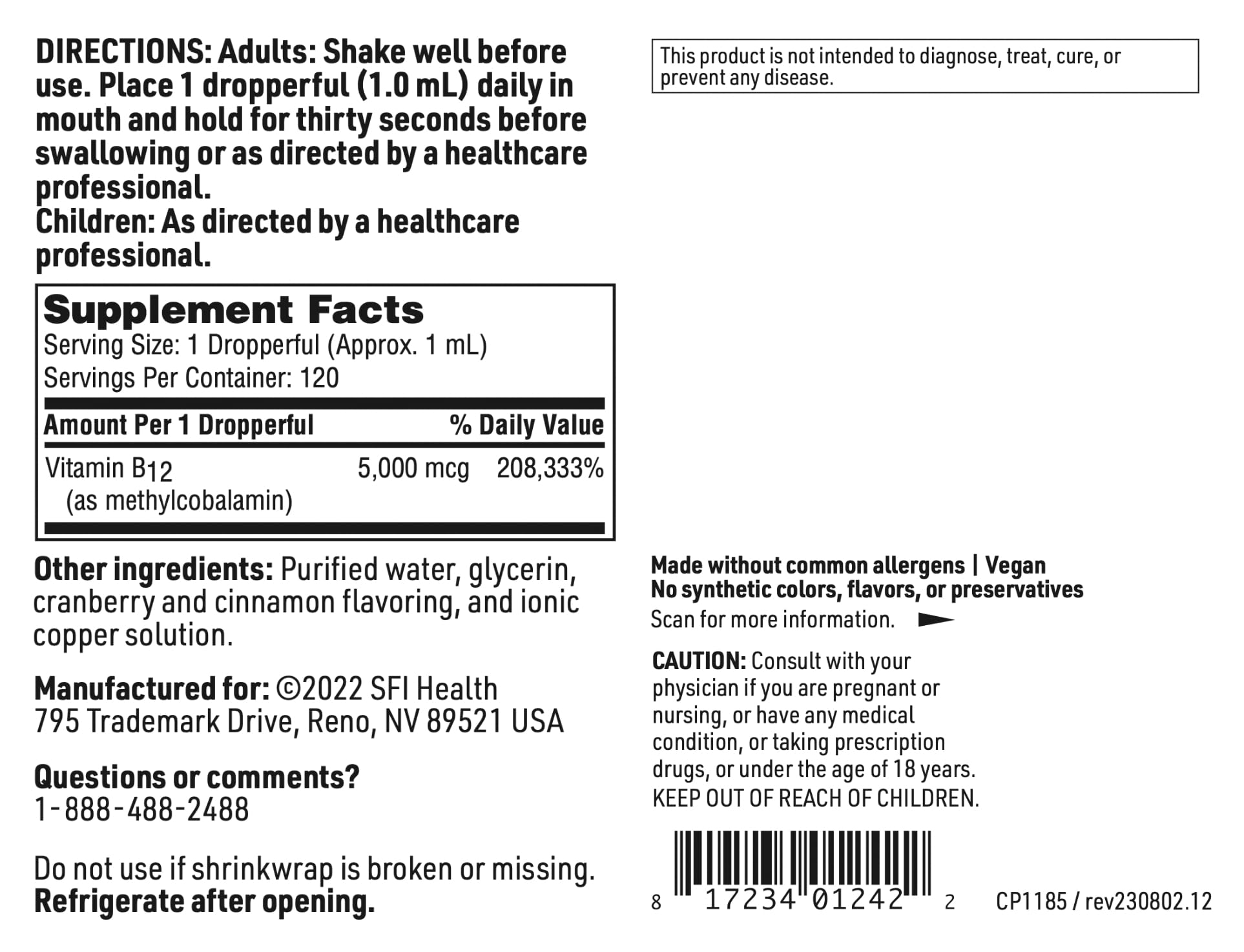 Klaire Labs SFI Health Vitamin B12 Liquid Drops 5mg - Mood & Cognitive Support from 5000mcg Active Coenzyme Methylcobalamin - Hypoallergenic (120 Servings, 4 Fluid Ounces) SFI Health uk supplements