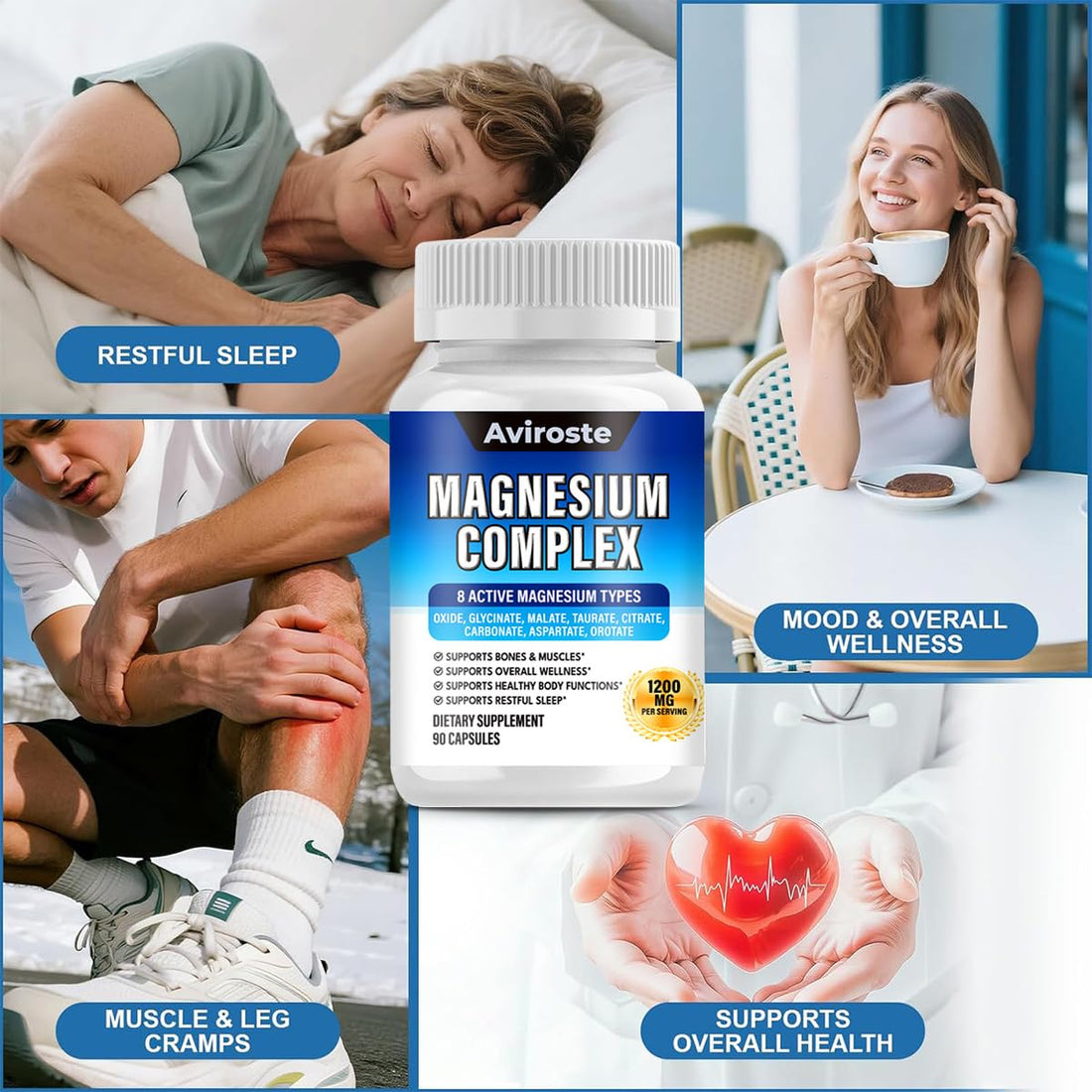 8 in 1 Magnesium Complex Supplement - 8 Elemental 1000mg - Magnesium Glycinate, Citrate, Malate, Taurate - High Absorption,for Muscle, Nerve & Sleep Support - 90 Capsules Aviroste uk supplements